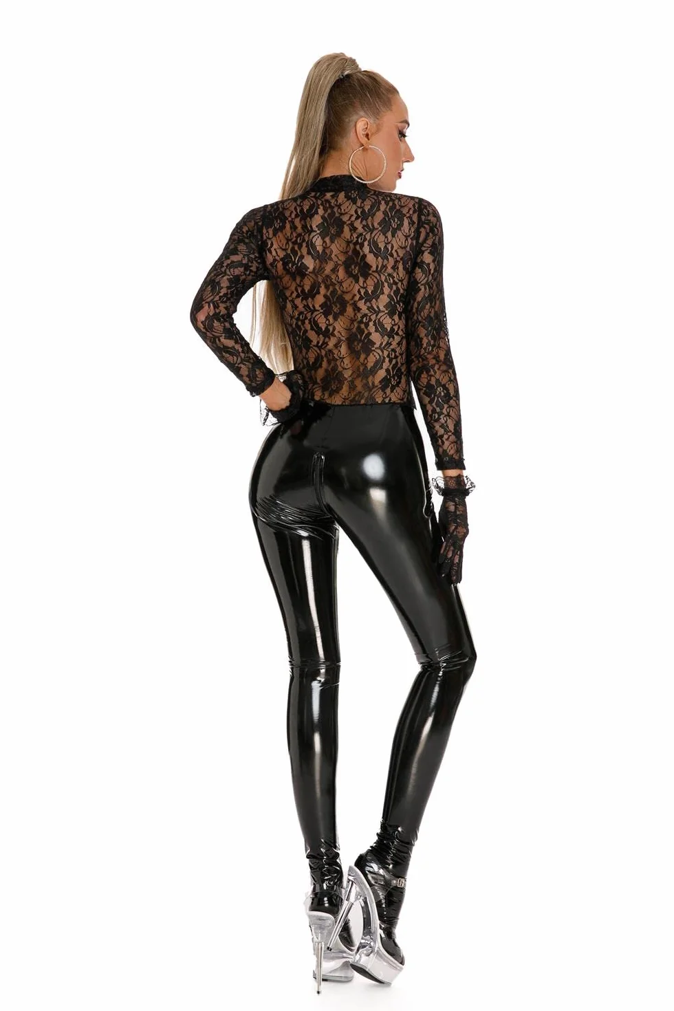 Tuta da Donna in PVC Lucido a Specchio Catsuit Body Clubwear con Frusta e Guanti Nero