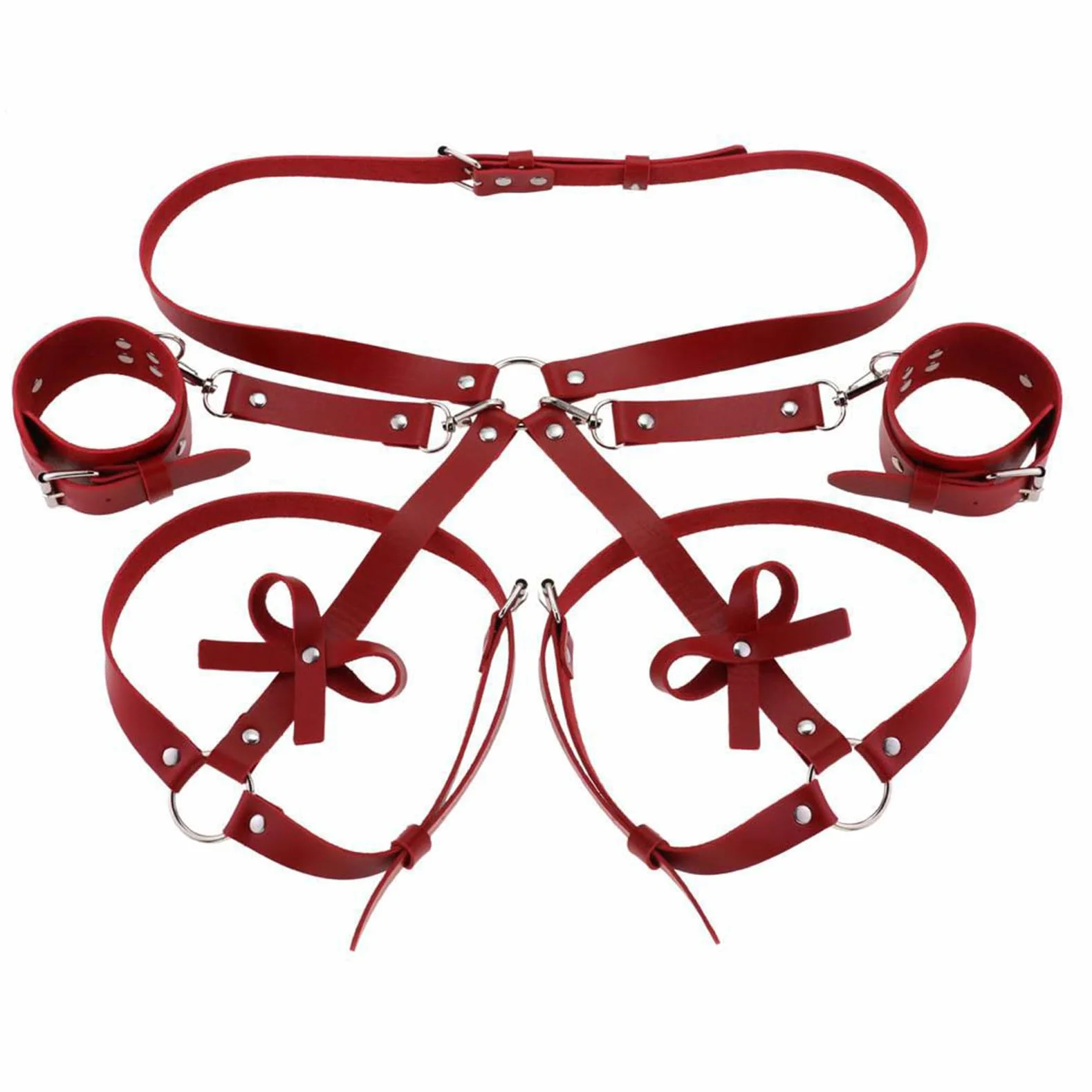 Set Bondage Sexy Rosso Pelle Gamba Harness Donne Punk Body Harness SM con Manette Imbracatura Bretelle Fiocco per Rave Carnevale