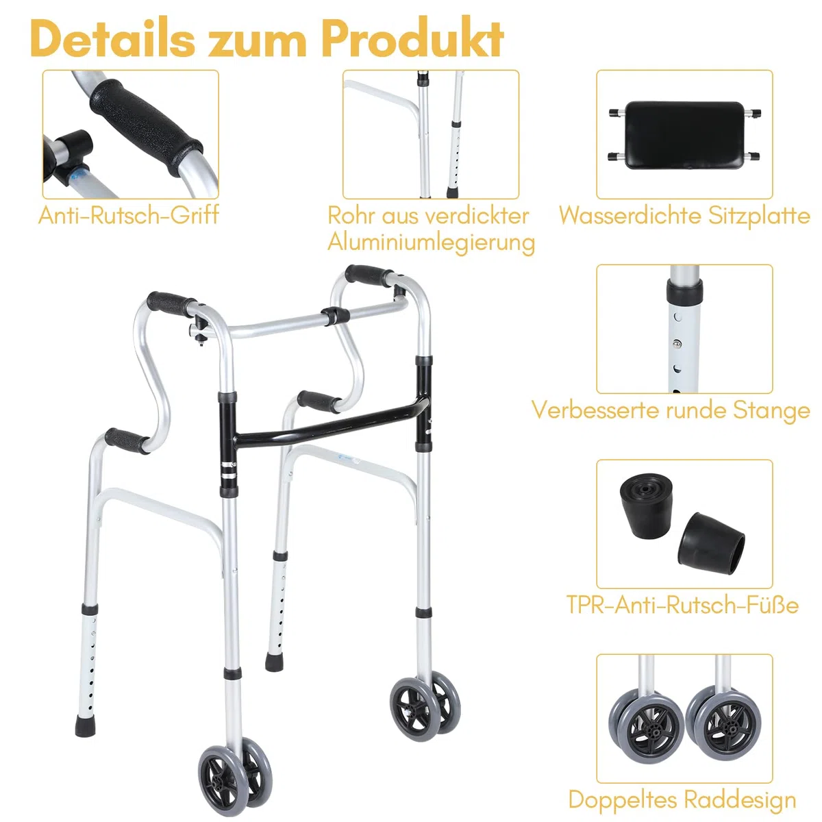 Deambulatore pieghevole 2 ruote girevoli, supporto camminare, regolabile altezza, alluminio, antiscivolo, stabile, fino a 180 kg, argento