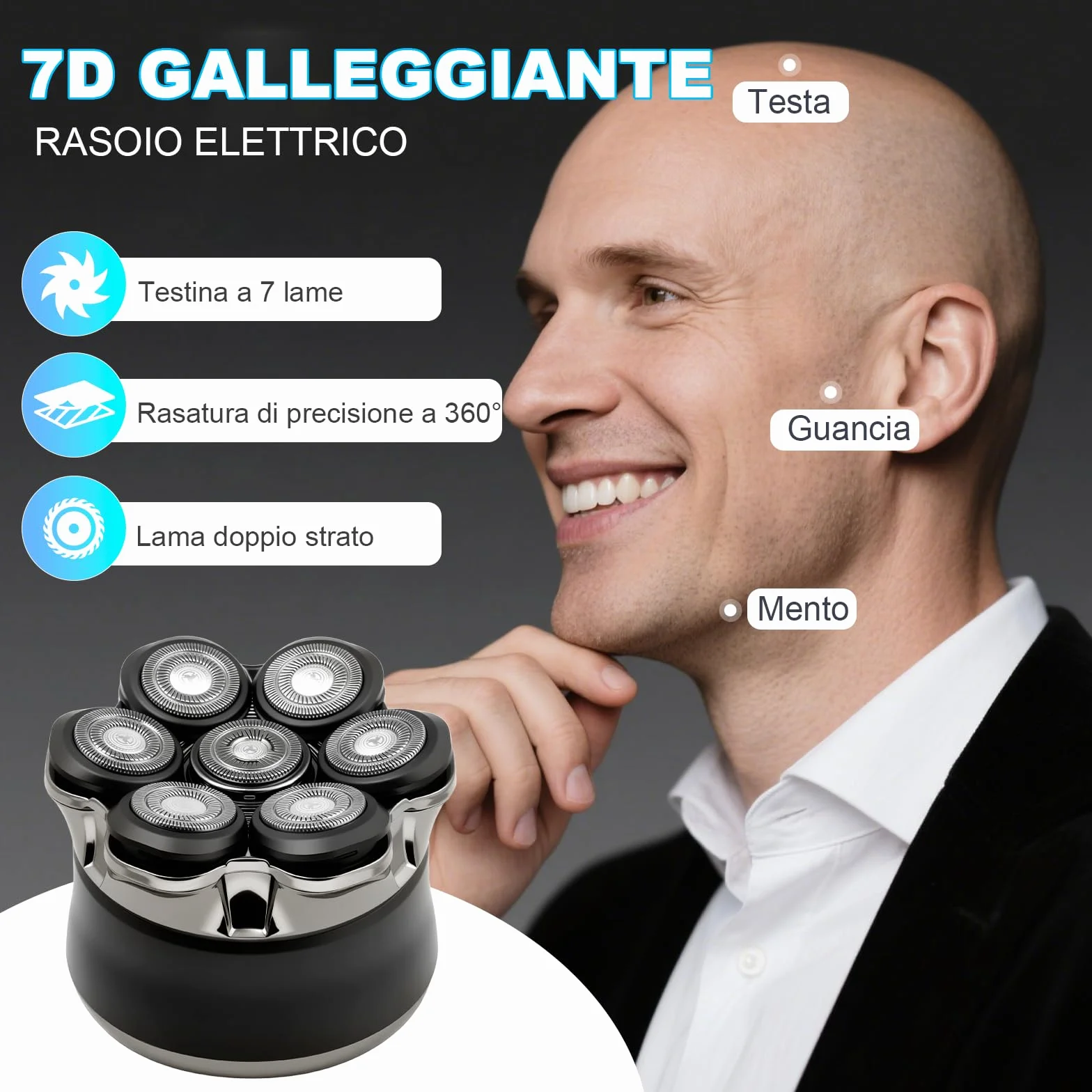 Carehabi Rasoio Testa Calva Uomo IPX6 Impermeabile Ricaricabile Interfaccia Type-C Testina Flottante Magnetiche 7D Autonomia 120 Minuti
