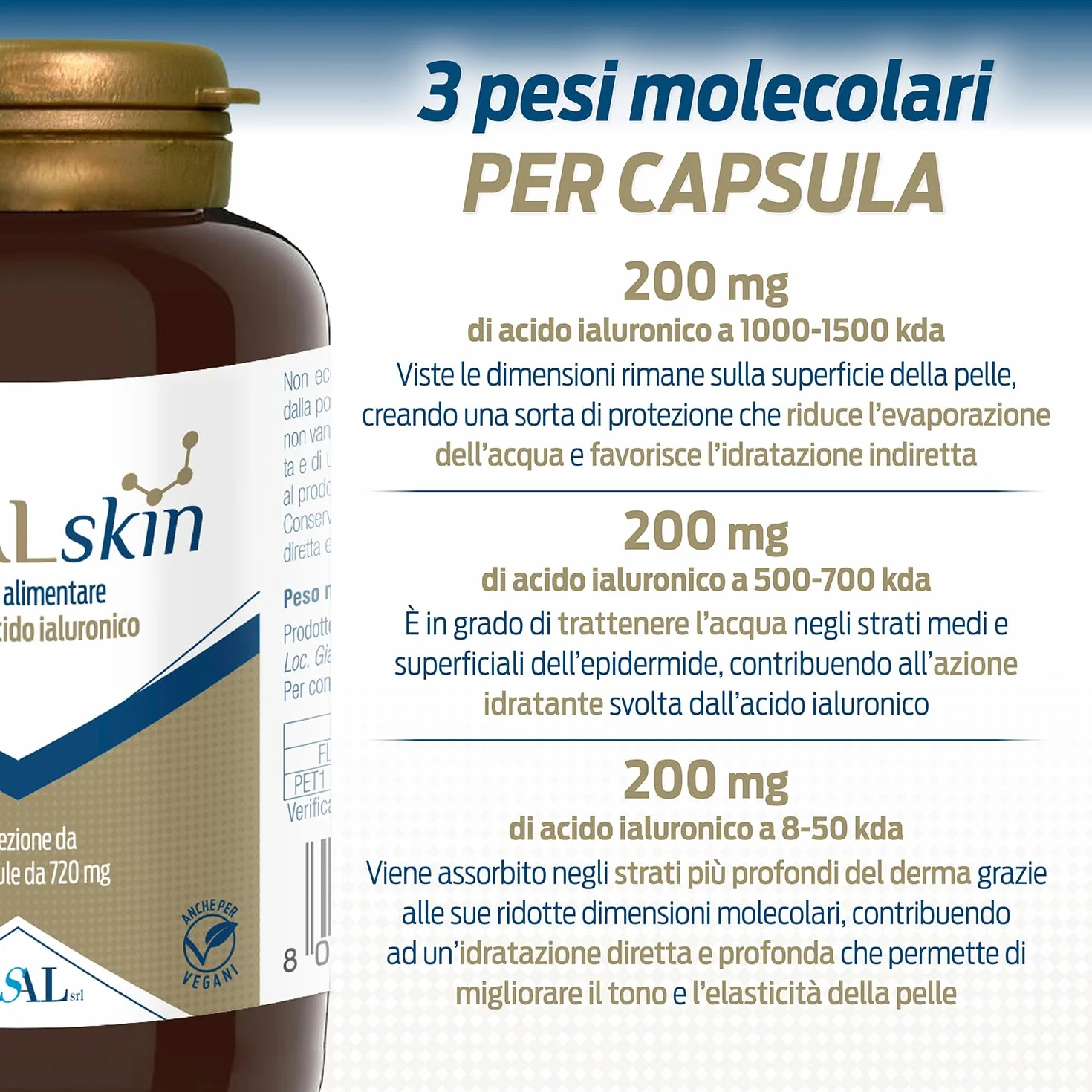 Aisalskin Acido Ialuronico puro 3 Pesi Molecolari 120 Capsule anti aging idratante rimpolpante Pelle Sana