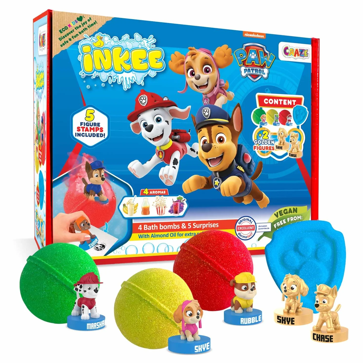 Confezione regalo INKEE PAW PATROL - 4 bombe da bagno per bambini con olio di mandorle e 5 figure da collezionare