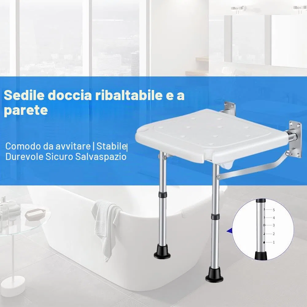 Sgabello da doccia pieghevole, montaggio a parete, sgabello da bagno avvitato con piedini antiscivolo, foro di scarico, fessura per soffione doccia per anziani con disabilità, 42-53 mm