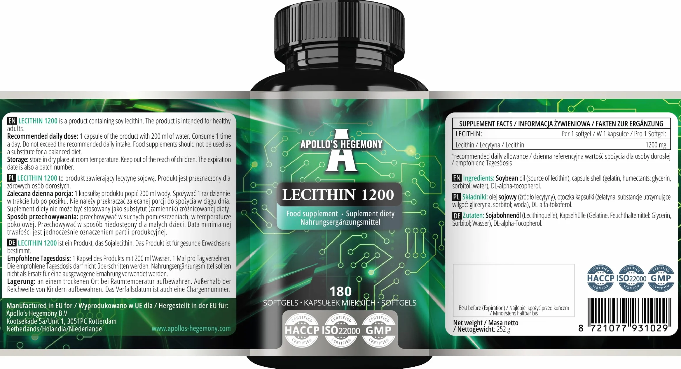 Lecitina 1200mg con Vitamina E 180 Capsule Softgel Integratore di Lecitina di Soia