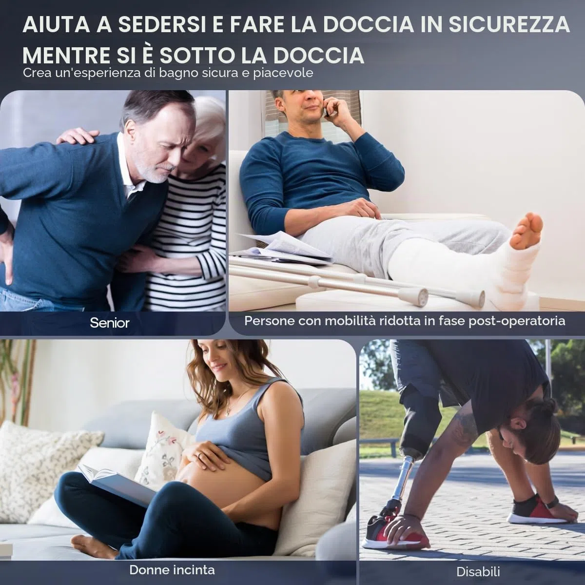 Sgabello da doccia pieghevole a parete, sedile doccia alto 42 cm, con piedini antiscivolo, foro di drenaggio, fessura per soffione doccia,adatto per anziani e disabili
