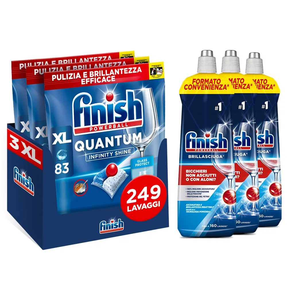 Finish Quantum Infinity Shine Pastiglie Lavastoviglie, 249 Capsule, per una Pulizia Profonda e Stoviglie Brillanti, e 3 Confezioni di Brillantante 800ml, Additivo per Stoviglie Splendenti e Asciutte
