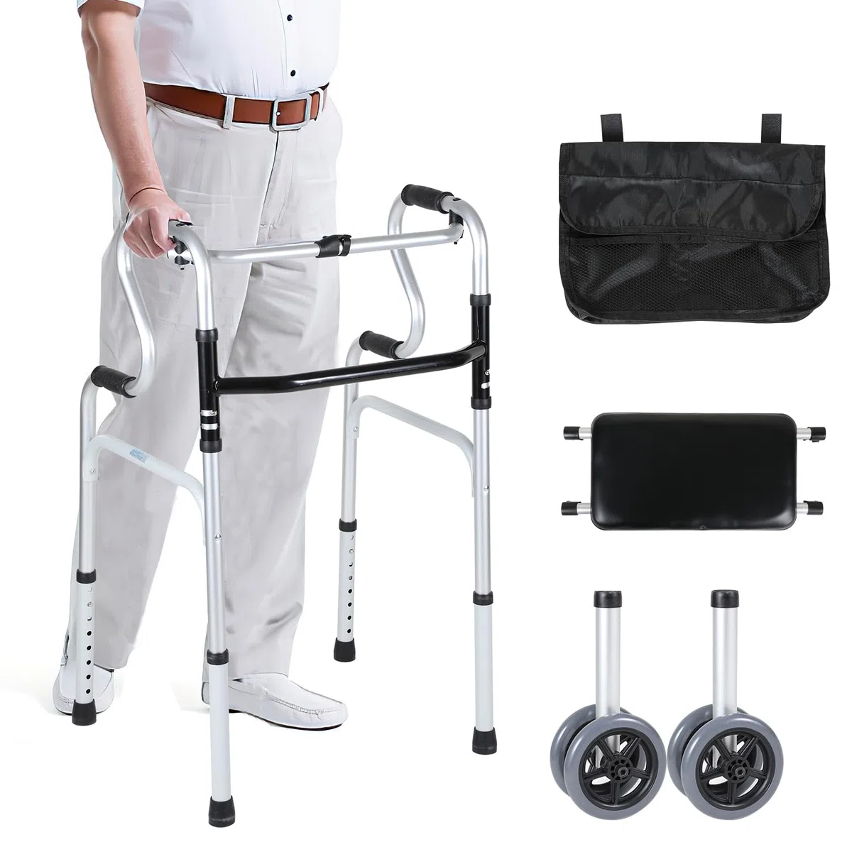 Deambulatore pieghevole 2 ruote girevoli, supporto camminare, regolabile altezza, alluminio, antiscivolo, stabile, fino a 180 kg, argento