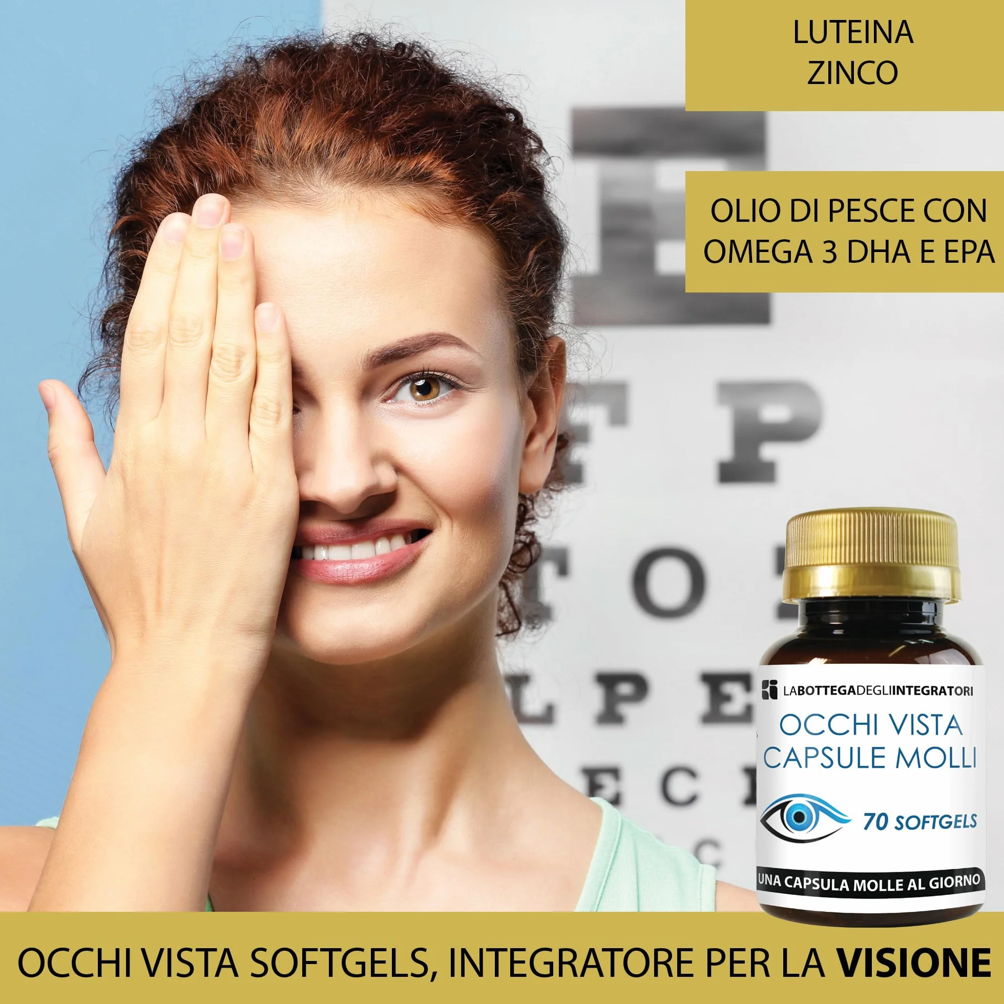 Integratore Visione Occhi Vista 70 Softgels Luteina Zinco Olio di Pesce Omega 3 DHA EPA LA BOTTEGA DEGLI INTEGRATORI