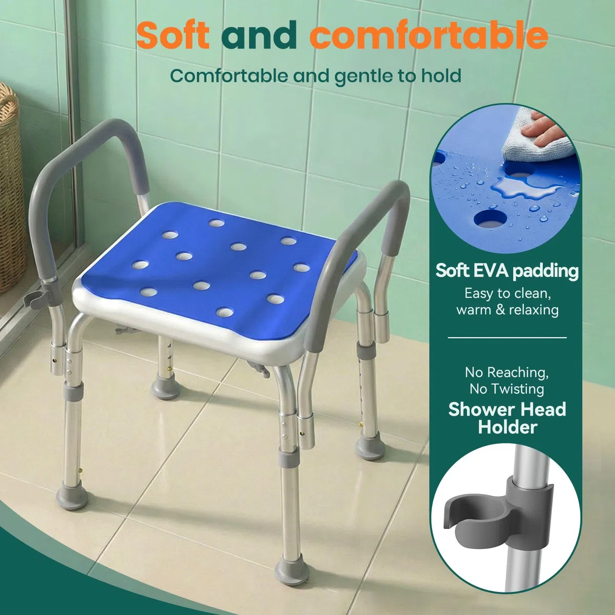 LC12 Sedia da Doccia con Schienale – Altezza Regolabile a 6 Livelli (55–68 cm), Seduta Antiscivolo con Schienale Imbottito, Sgabello Doccia per Anziani, Disabili e Donne in Gravidanza