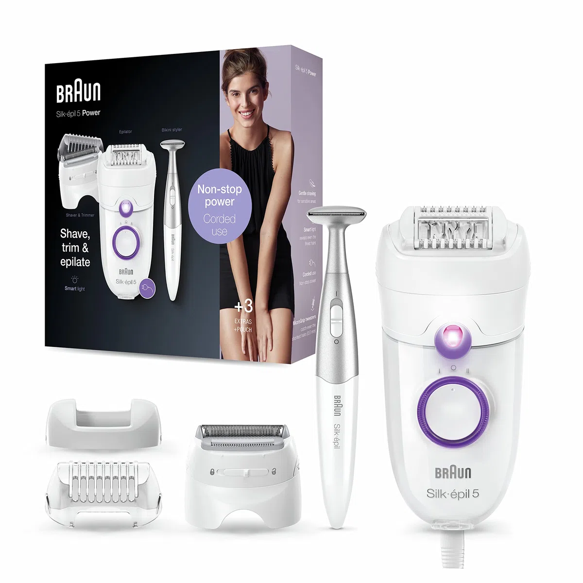 Braun Silk-épil 5-825 Power Depilatore Donna, Epilatore Elettrico Donna Per I Primi Utilizzi, Testina Radente, Cappuccio Regolatore E Bikini Styler, Bianco/Viola