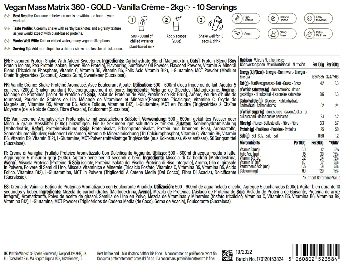 Protein Works | Vegan Mass Matrix 360 – GOLD Innovation, Mass Gainer Vegan, Integratore Aumento Peso, Tri-Protein, Aminoacidi, Shake Post-Workout, Crema alla Vaniglia, 10 Porzioni, 2kg