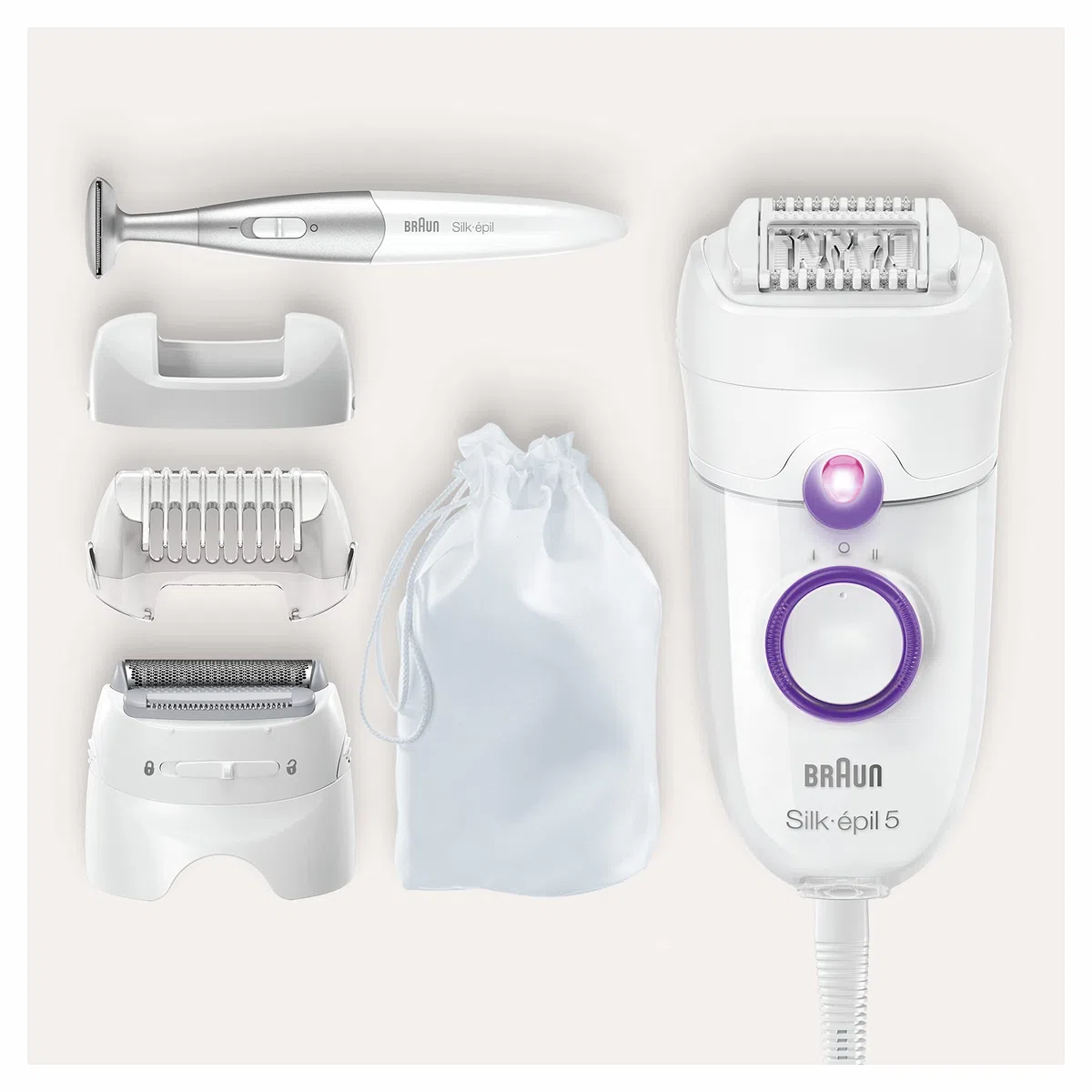 Braun Silk-épil 5-825 Power Depilatore Donna, Epilatore Elettrico Donna Per I Primi Utilizzi, Testina Radente, Cappuccio Regolatore E Bikini Styler, Bianco/Viola