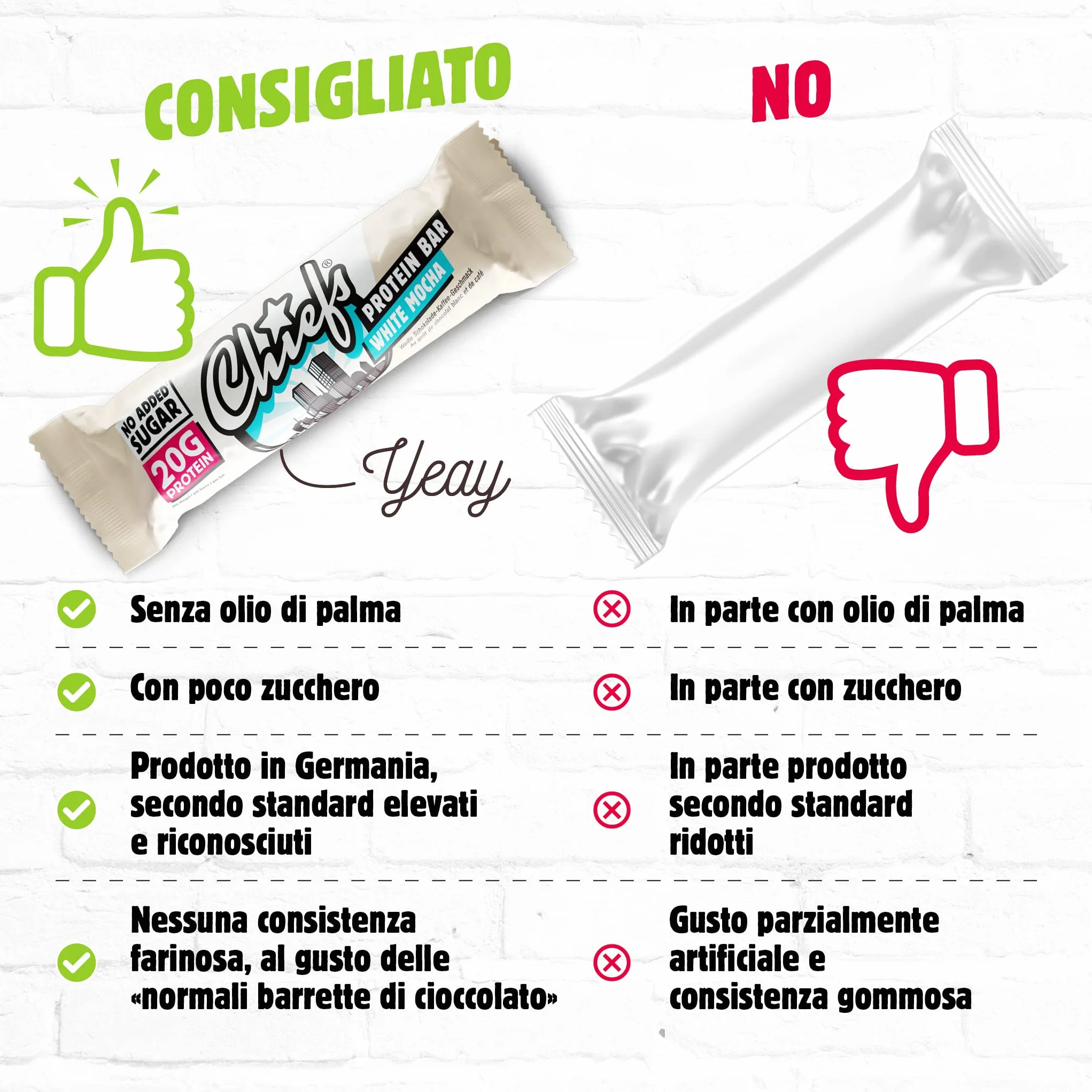 Chiefs Protein Bar 20g proteine 208kcal Barretta proteica basso zucchero 12x55g White Mocha