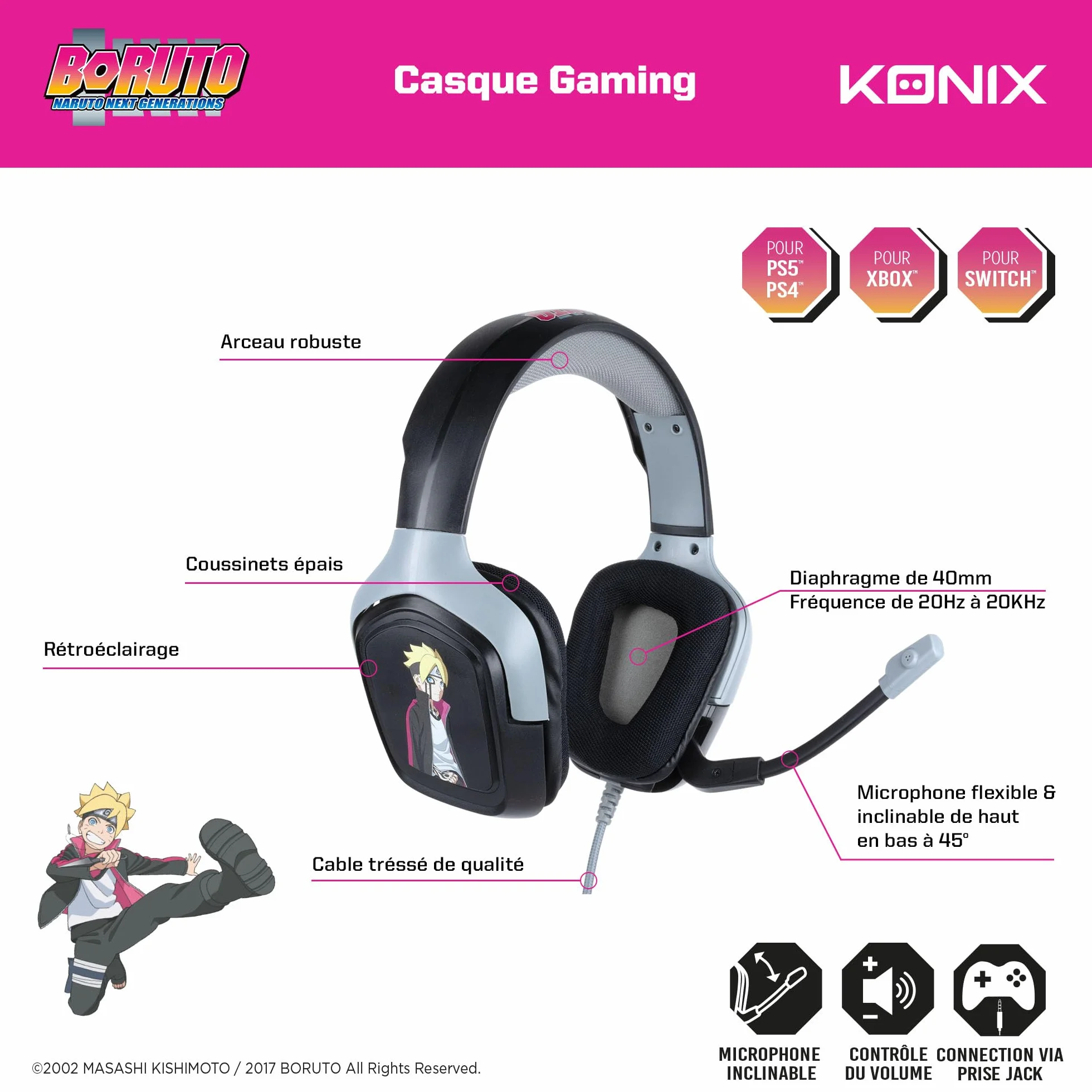 Konix Boruto Naruto Cuffie gaming PS4 PS5 Switch Xbox Cavo 1,5 m Connettore 3,5 mm Nero grigio