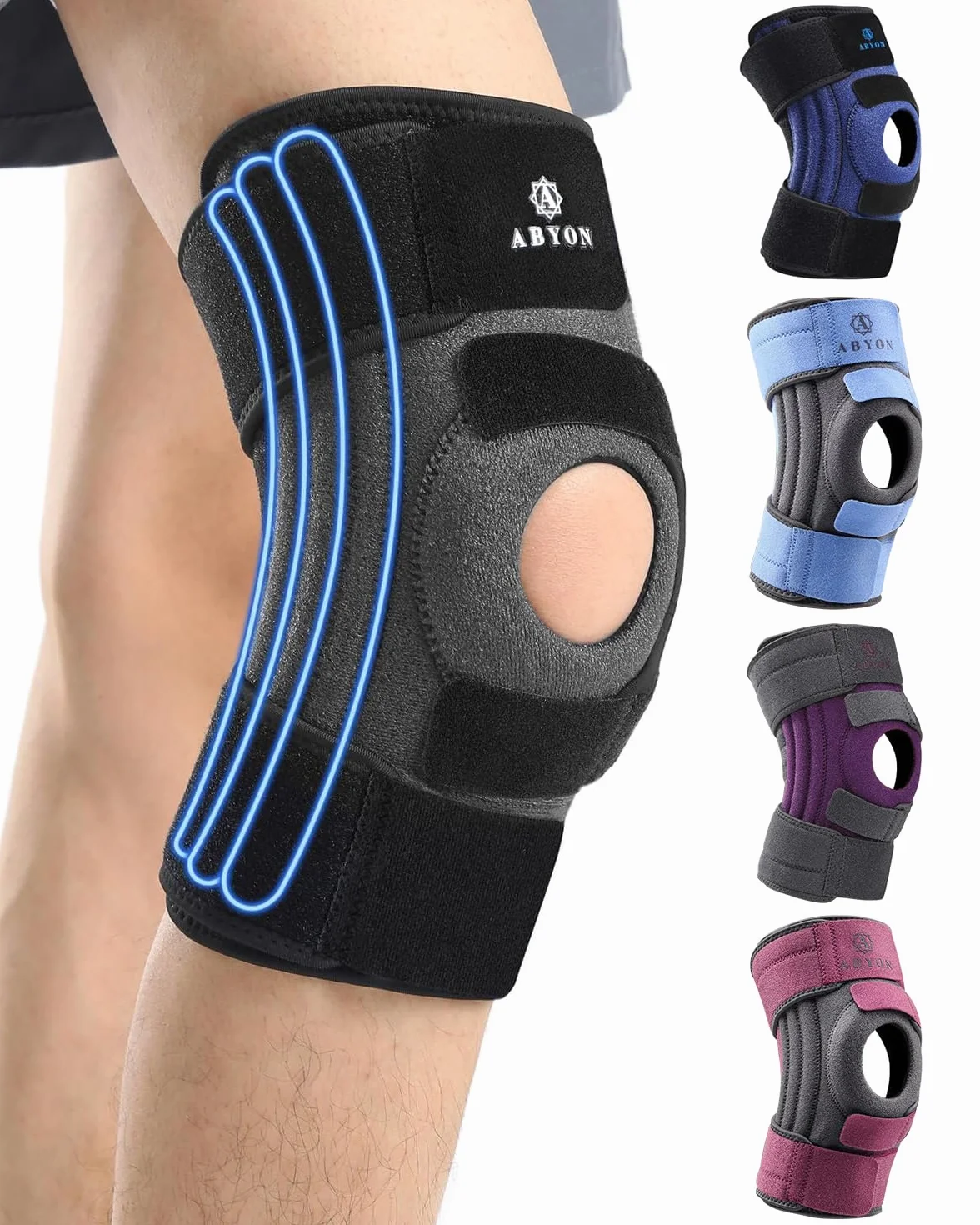 ABYON Ginocchiera Ortopedica Uomo Donna Artriti Menisco ACL Stabilizzatori Tripli Cintura Regolabile 360° Sollievo Dolore