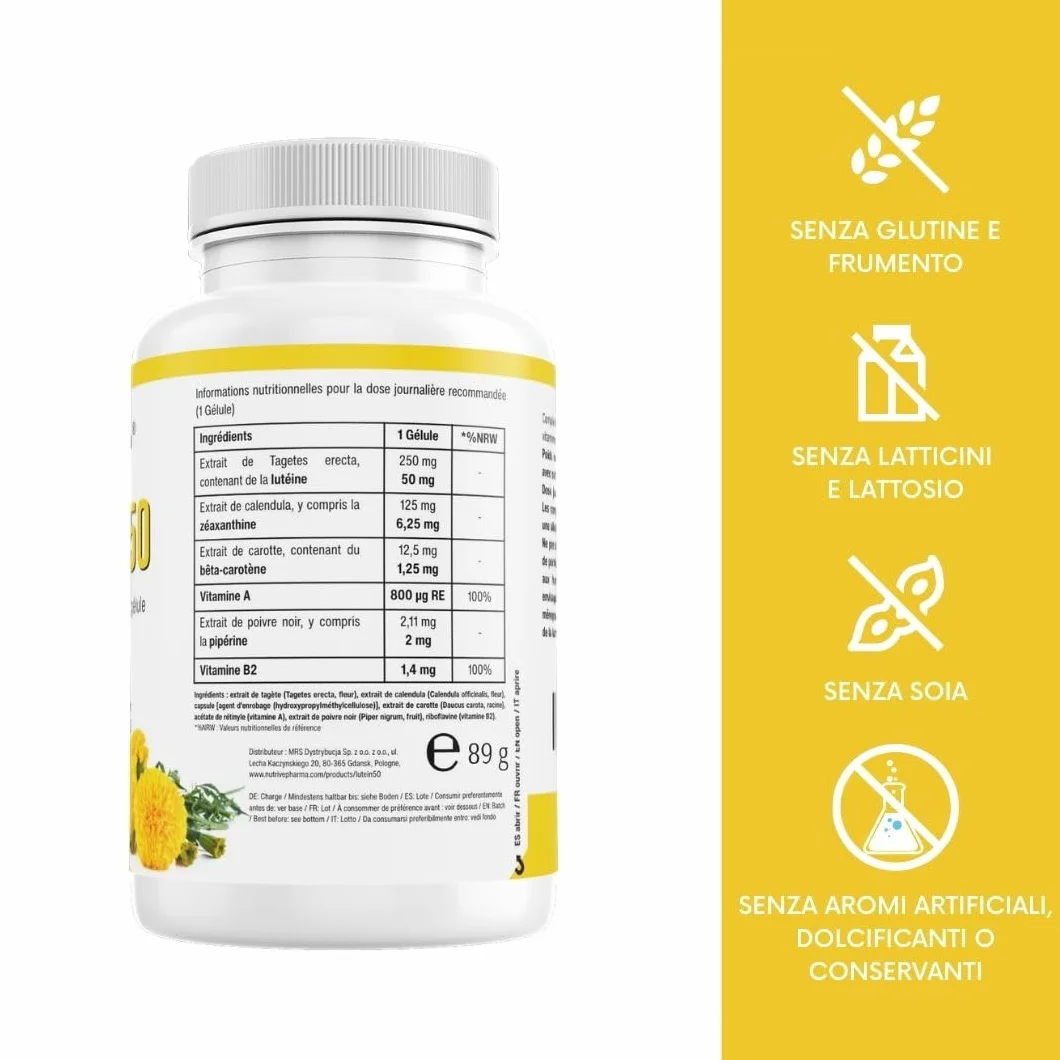 Luteina 50 mg con zeaxantina, beta carotene, vitamina A B2, piperina 180 capsule protezione occhi luce blu senza glutine