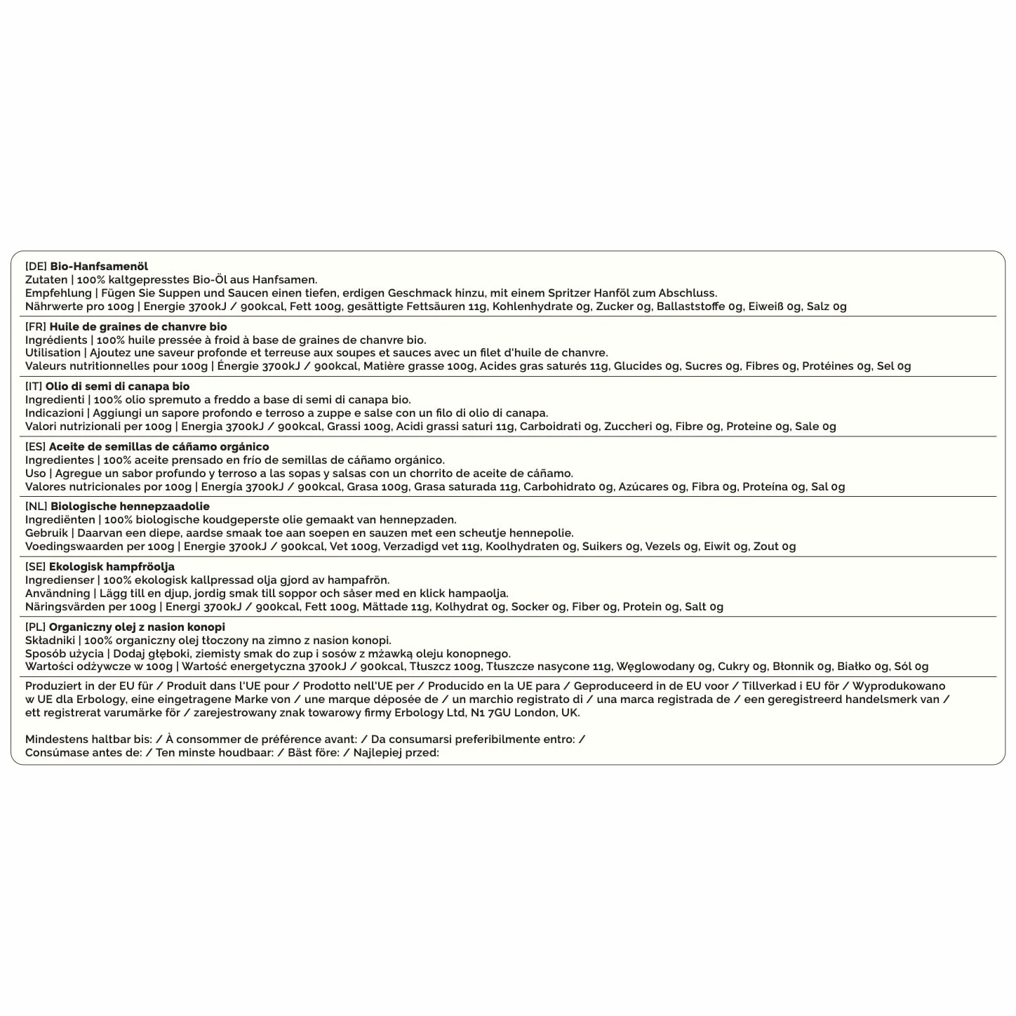 Erbology Olio di Semi di Canapa Bio 500ml - Spremuto a Freddo - Ricco di Omega-3 - Fonte di Vitamine D ed E