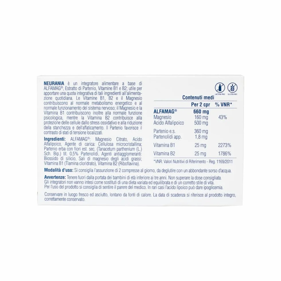 Neurania Integratore Naturale per Mal di Testa, Emicrania 30 Compresse Magnesio Acido Alfa-Lipoico Partenio Vitamine B1 B2