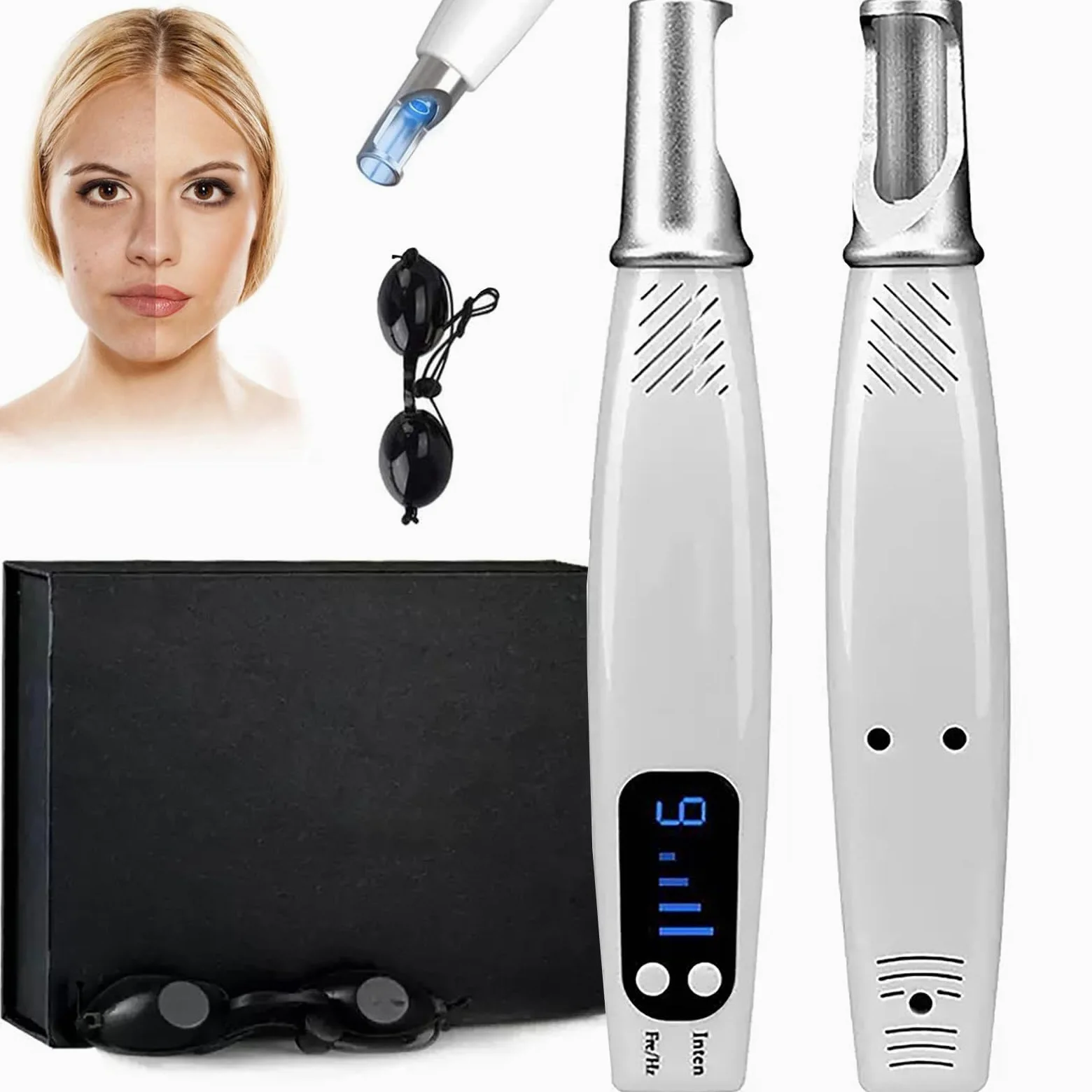 Penna Laser Picoseconda Dispositivo Bellezza Cura della Pelle con Luce Blu/Rossa, 9 Marce e 4 Livelli per Etichette Cutanee, Tatuaggi, Lentiggini, Pigmentazione, Cicatrici con Occhiali,Blu