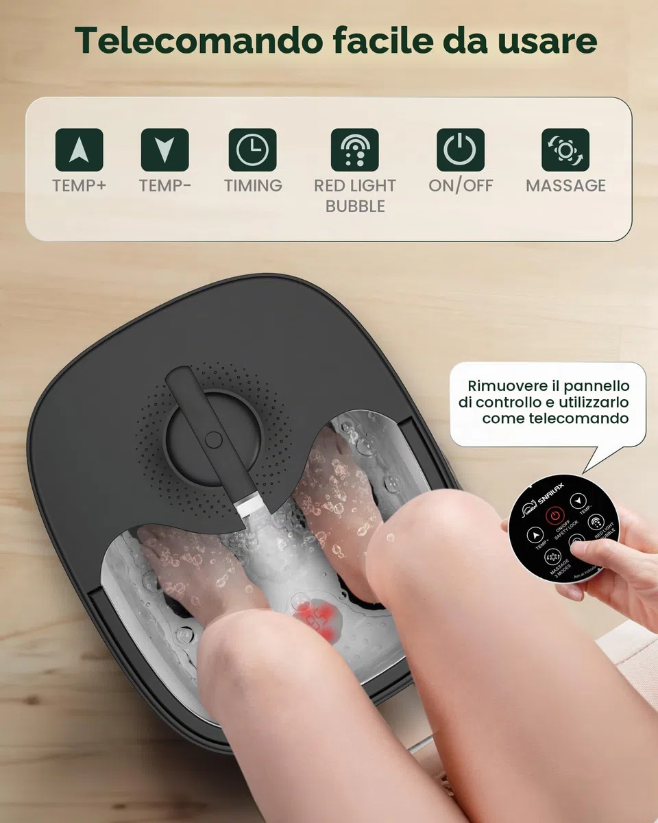Snailax Pediluvio Massaggiatore con calore, telecomando, rulli massaggianti Shiatsu, bolle, controllo della temperatura, pieghevole, vasca per pedicure