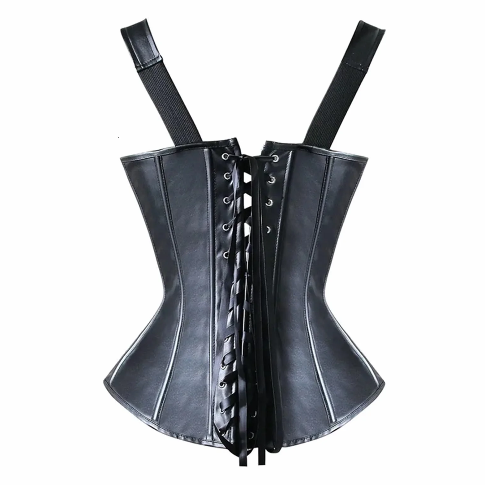 Corsetto in Ecopelle Donna Steampunk Overbust Bustino con Fibbia Cerniera Nera