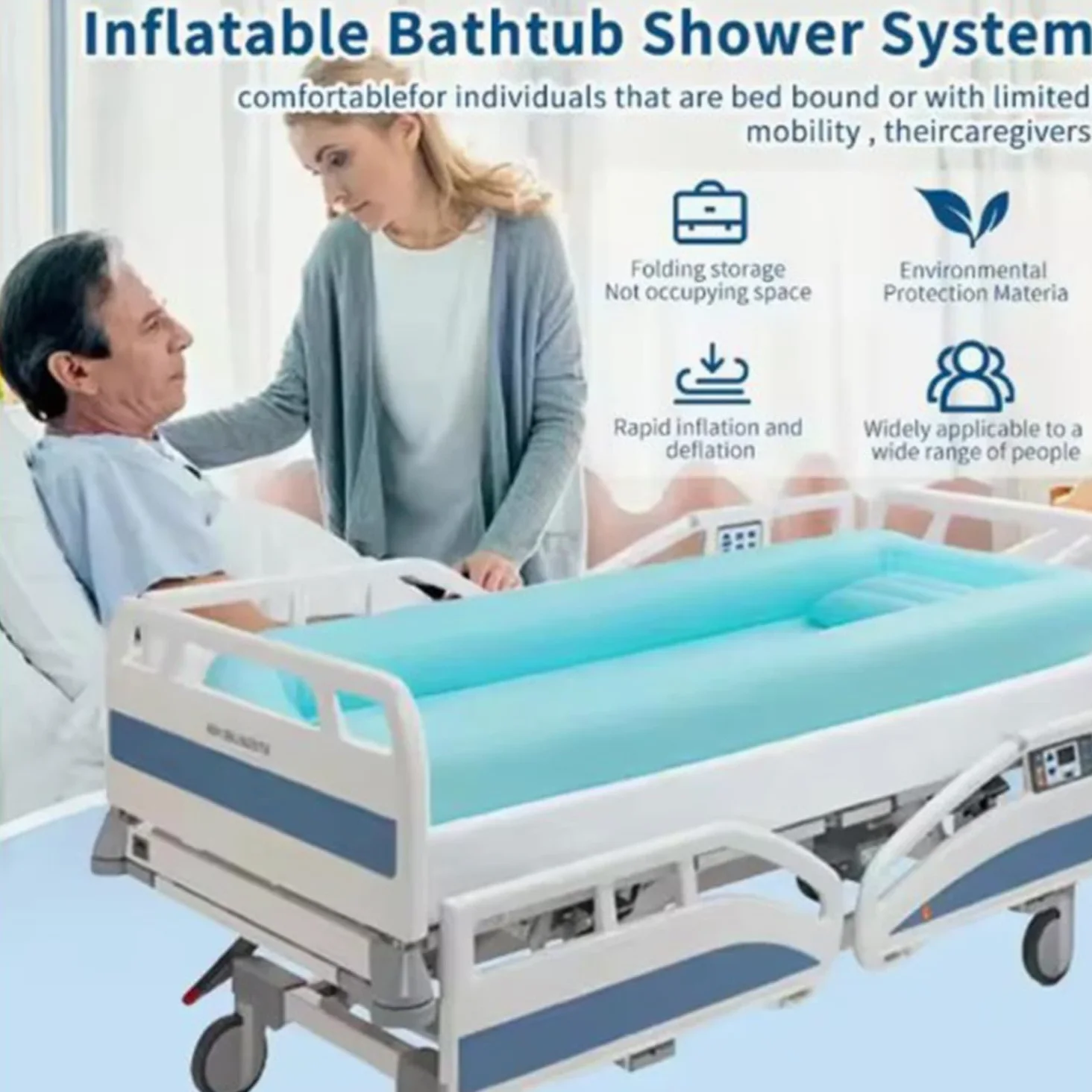 Vasca Da Bagno Gonfiabile,Vasca Per Doccia,Set Doccia Con Vasca Da Bagno Gonfiabile,Sacca Per l'Acqua e Pompa Ad Aria,Adatto a Persone Con Disabilità,Anziani e Pazienti Allettati,Portatile(Blu)