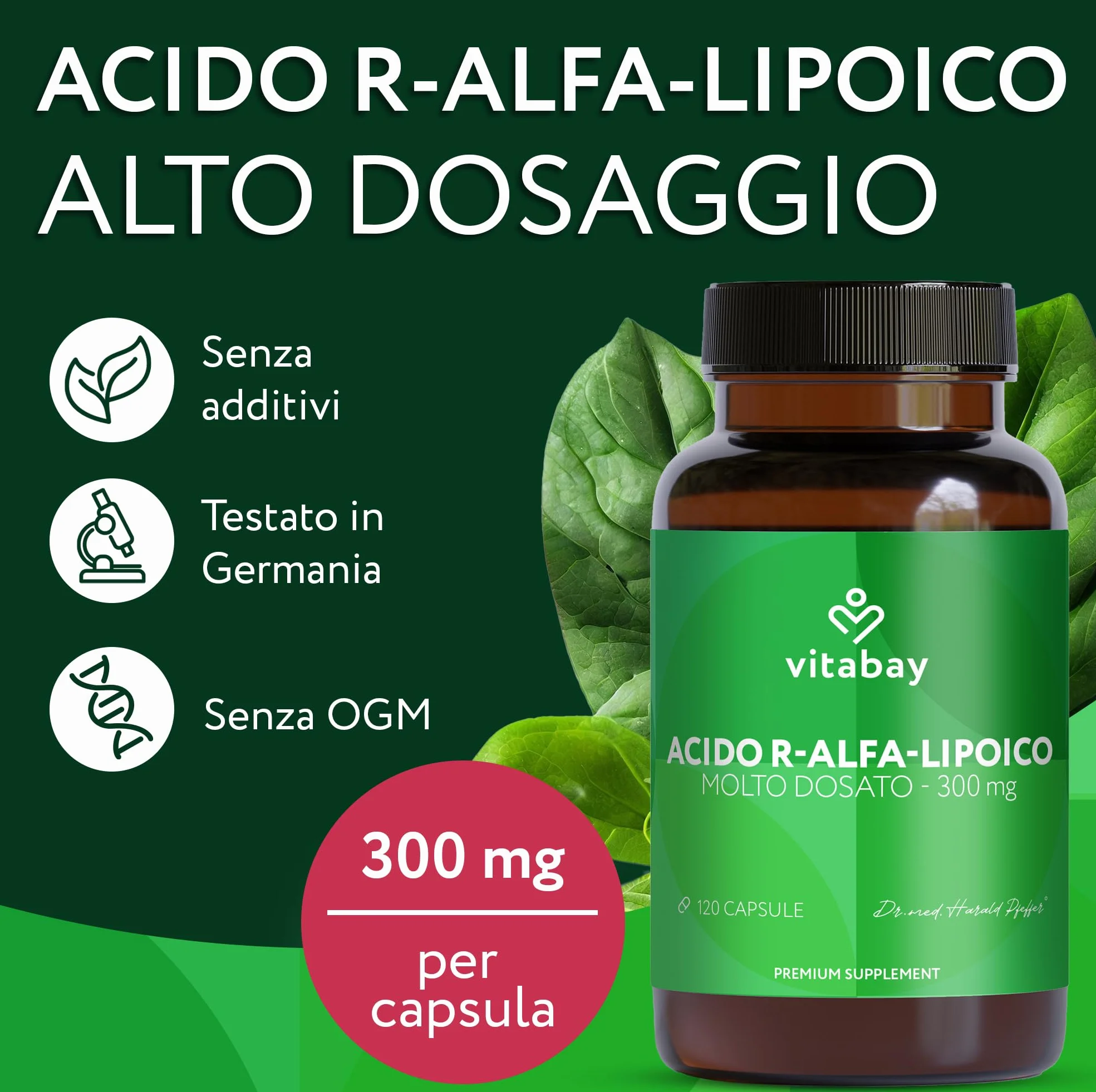 Vitabay Acido R-Alfa Lipoico 300 mg 120 capsule vegane Alpha Lipoic Acid ad alto dosaggio forma R naturale