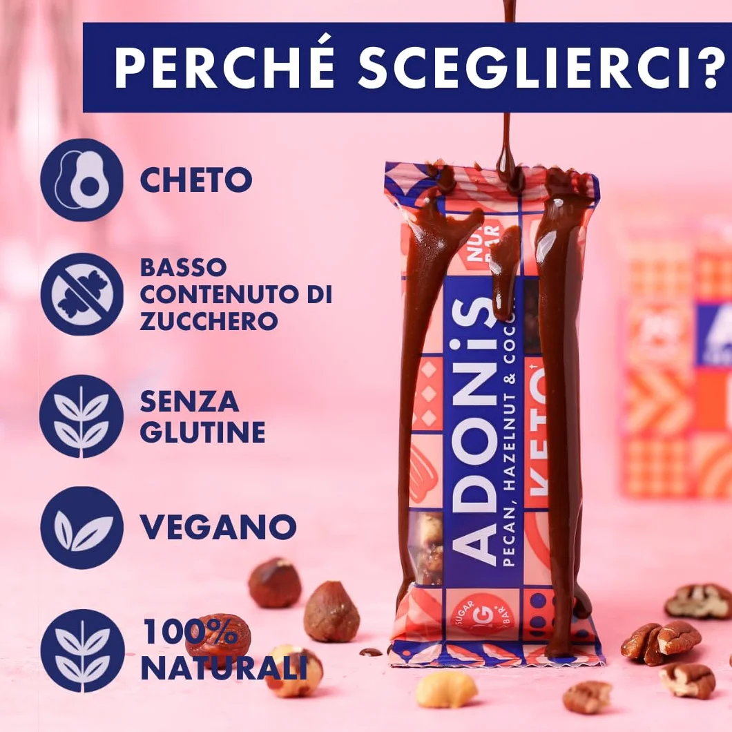 Adonis Keto Barrette Miste 16 Pezzi Vegano Naturale Senza Glutine Zuccheri Olio di Palma Lattosio Snack Dieta Chetogenica