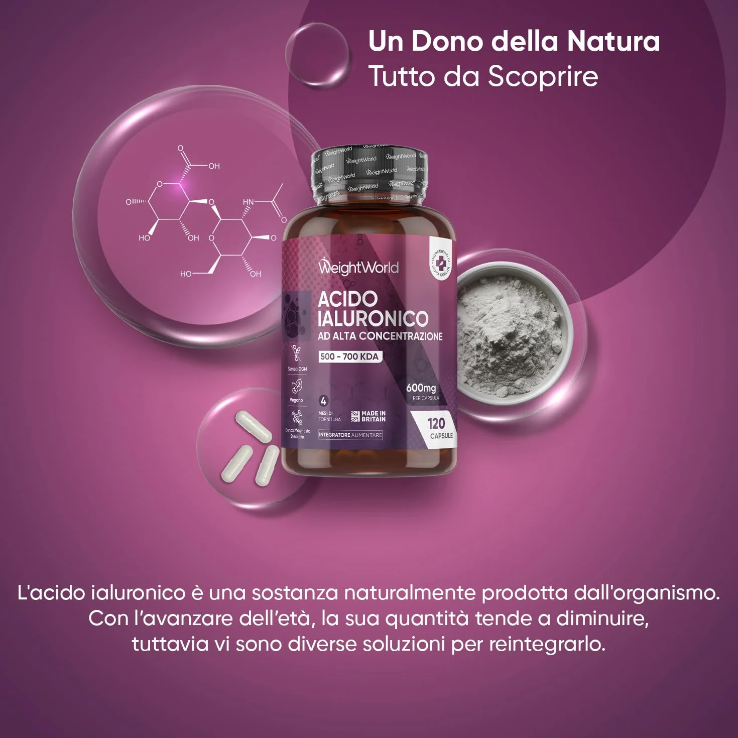 Acido Ialuronico Vegano 600mg 120 Capsule Integratore Sodio Ialuronato 500-700 kDa
