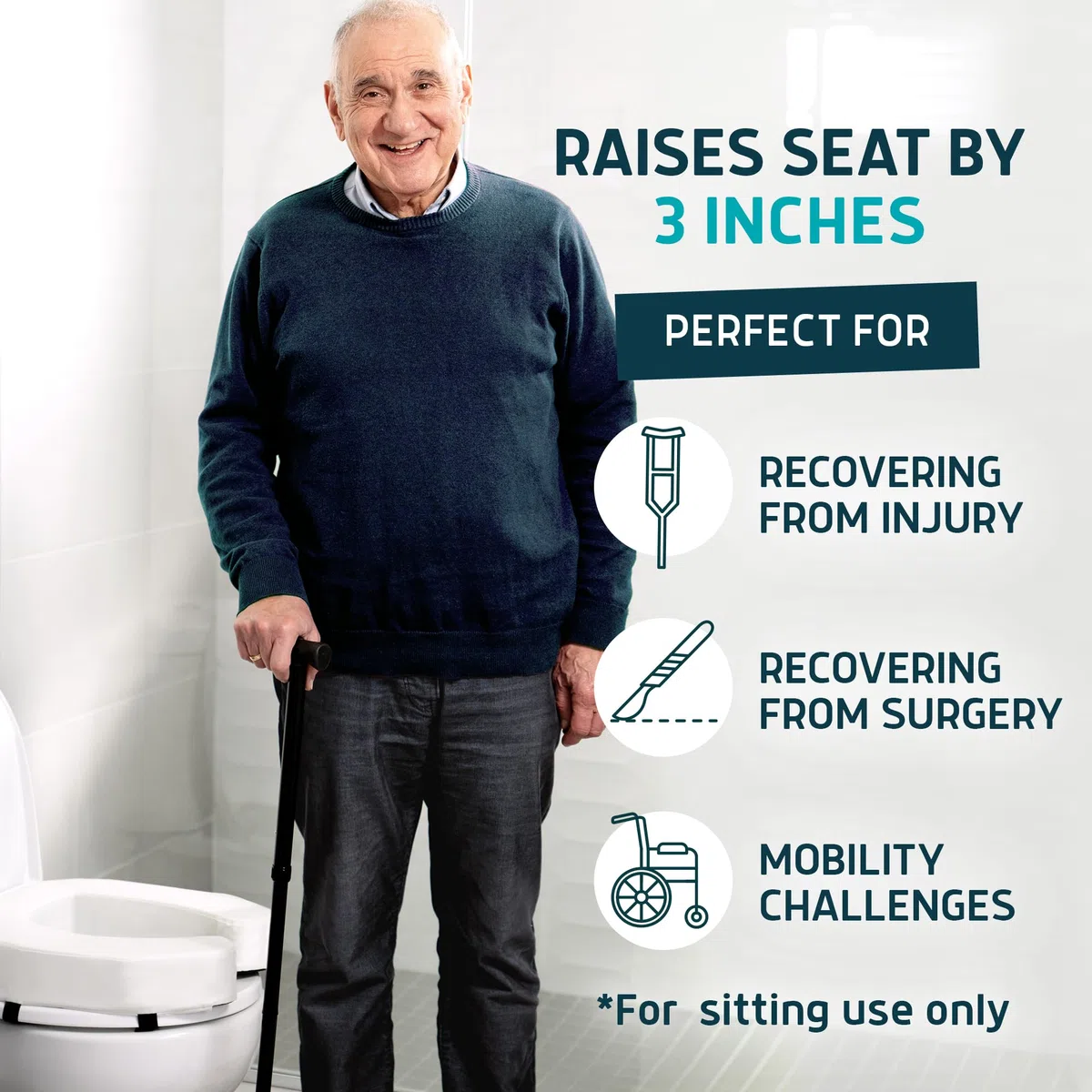 Lunderg Rialzo per sedile WC per anziani, aggiunge 7,6 cm, misura universale, cuscino rialzato per sedile WC con schiuma ad alta densità per un maggiore comfort ed elevazione, facile da pulire