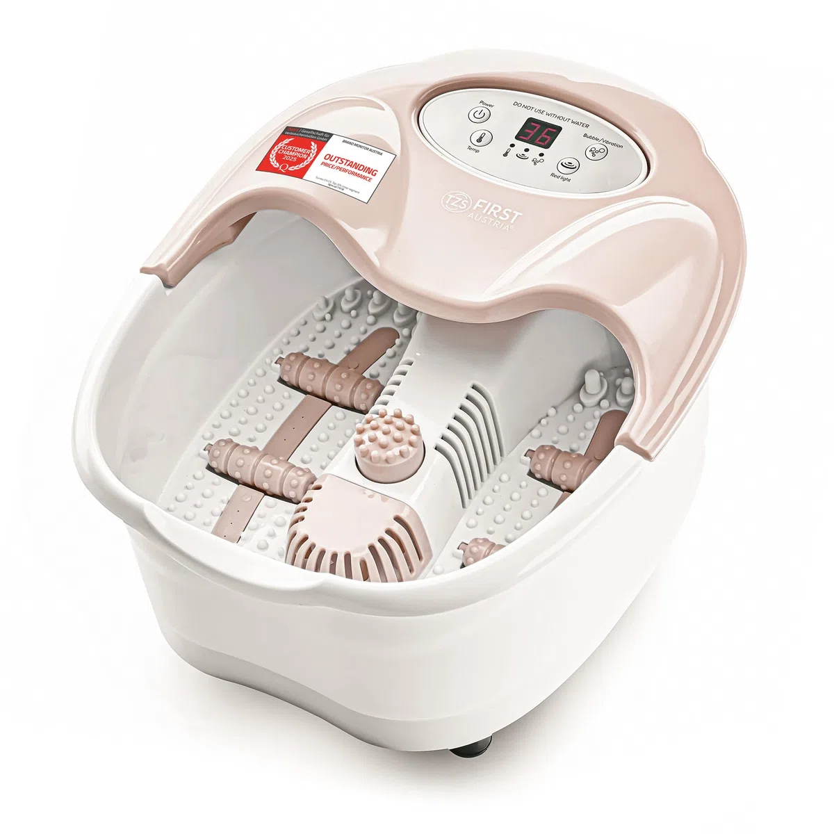 TZS First Austria - Pediluvio Massaggiatore Digitale - 450W - Display LED & Luce Rossa - Fino al Numero 43 - Idromassaggio Plantare Elettrico - 3 Accessori, Protezione Antischizzo & Box Aroma - Beige
