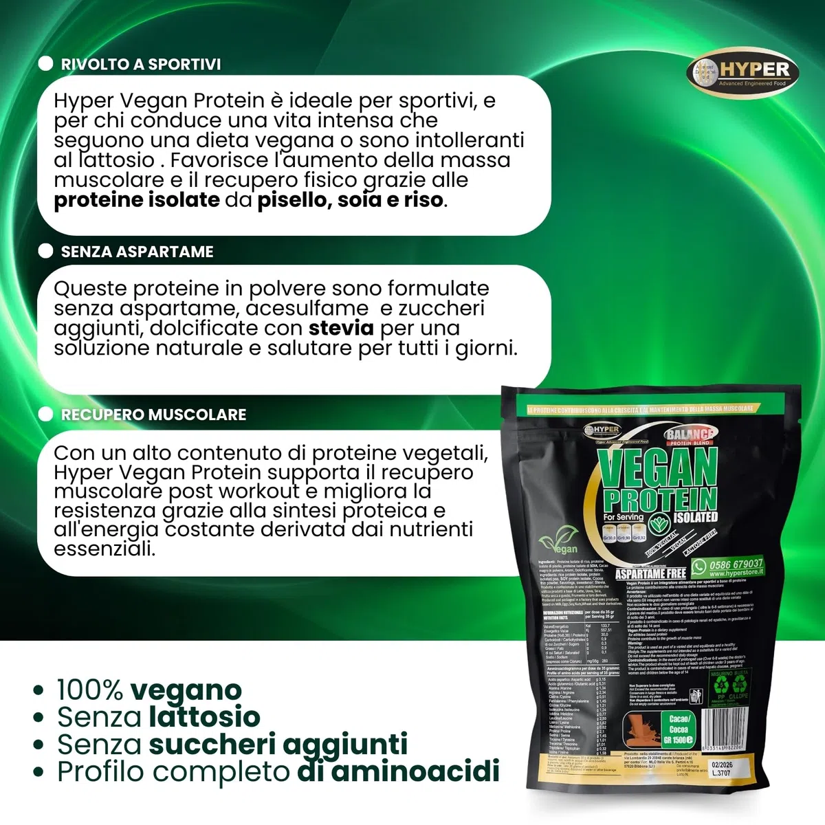 Hyper Vegan Protein 3kg Cacao - Proteine in Polvere Senza Edulcoranti - Proteine in Polvere Isolate senza Glutine - Proteine in Polvere Vegane per Aumento Massa Muscolare, Favoriscono il Recupero