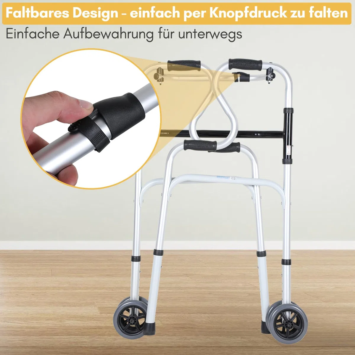 Deambulatore pieghevole 2 ruote girevoli, supporto camminare, regolabile altezza, alluminio, antiscivolo, stabile, fino a 180 kg, argento