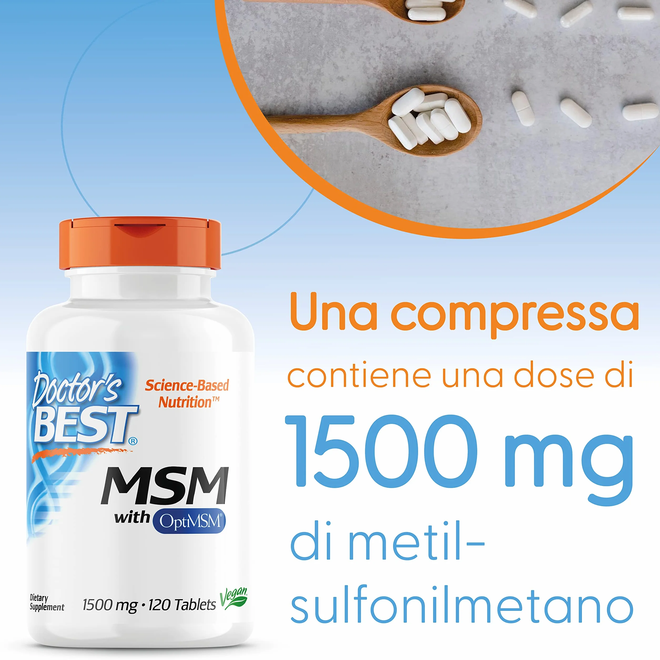 Doctor's Best MSM con OptiMSM 1.500mg 120 Compresse Vegane Zolfo Naturale