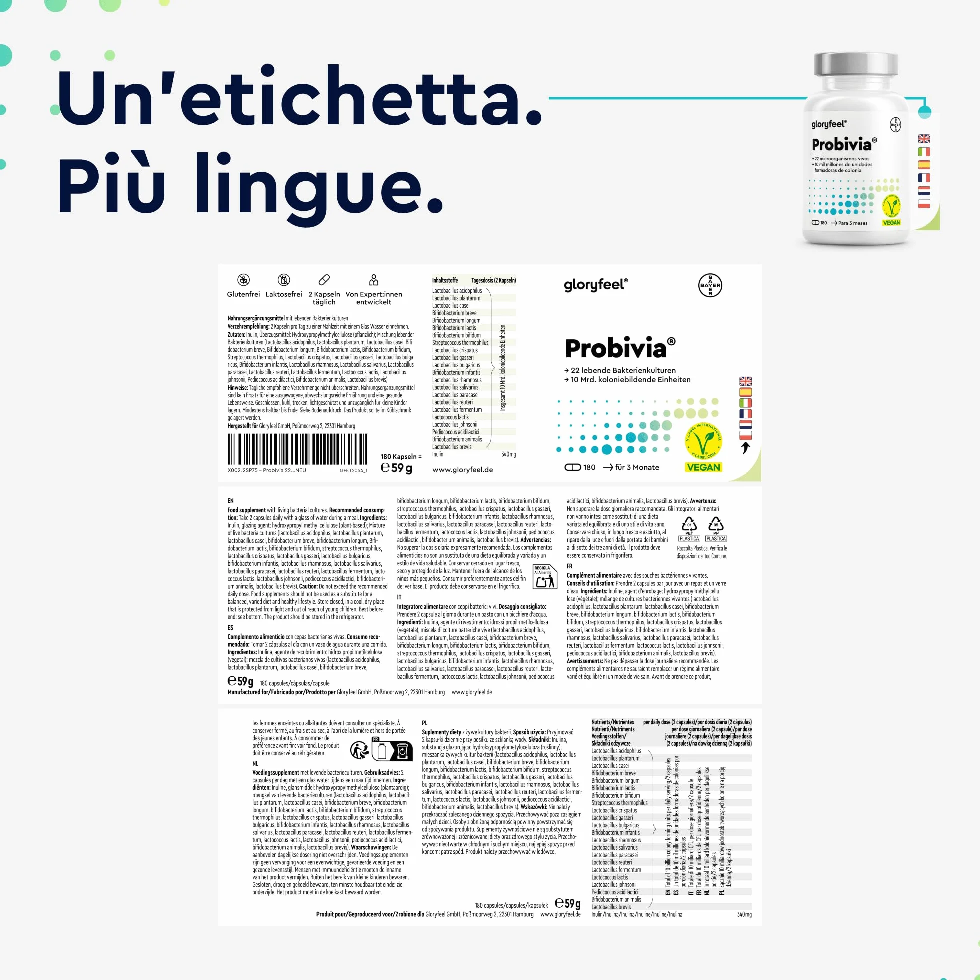 Probiotici Fermenti Lattici 180 Capsule 22 Ceppi Batterici 10 Miliardi CFU Lactobacillus Bifidobacterium Inulina