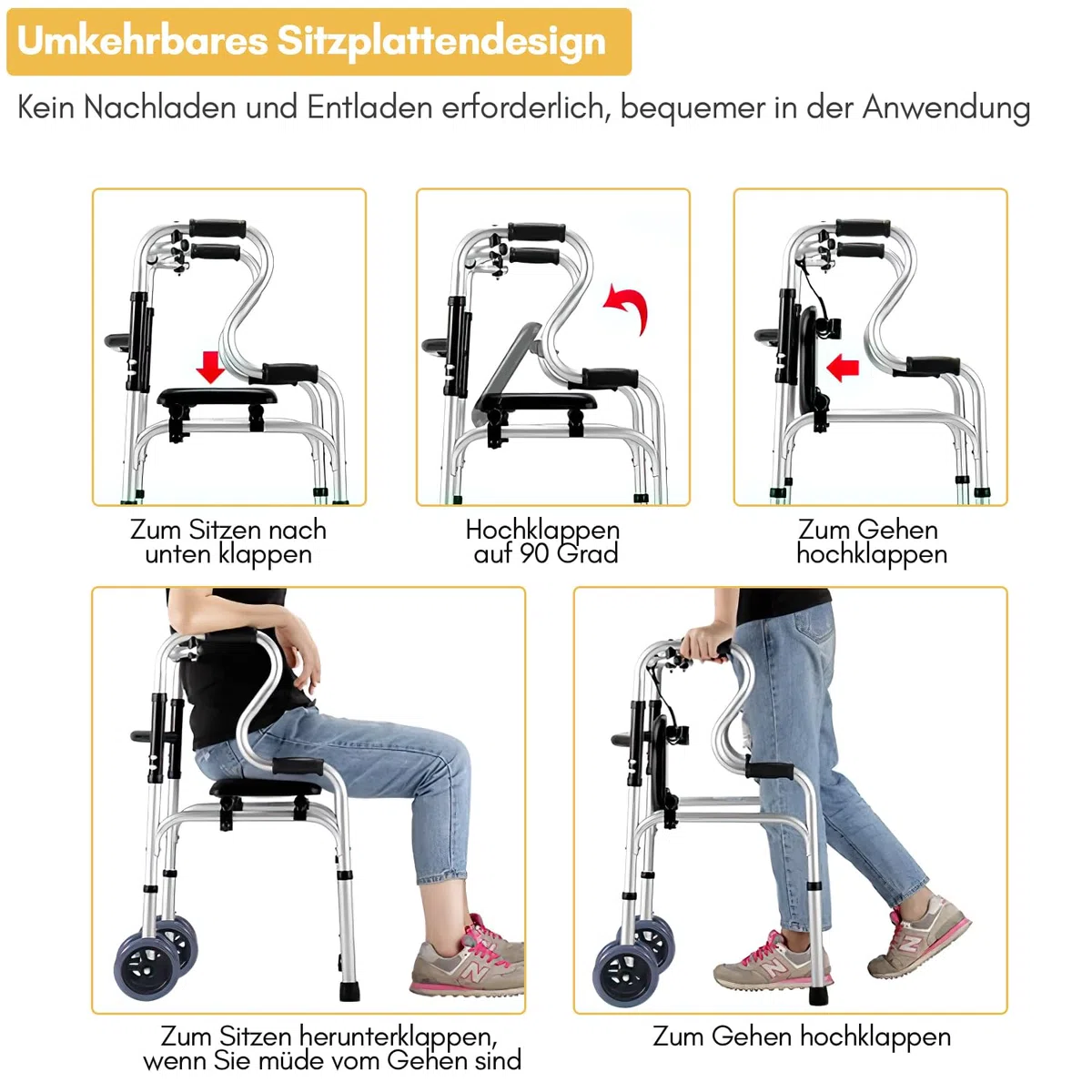 Deambulatore pieghevole 2 ruote girevoli, supporto camminare, regolabile altezza, alluminio, antiscivolo, stabile, fino a 180 kg, argento