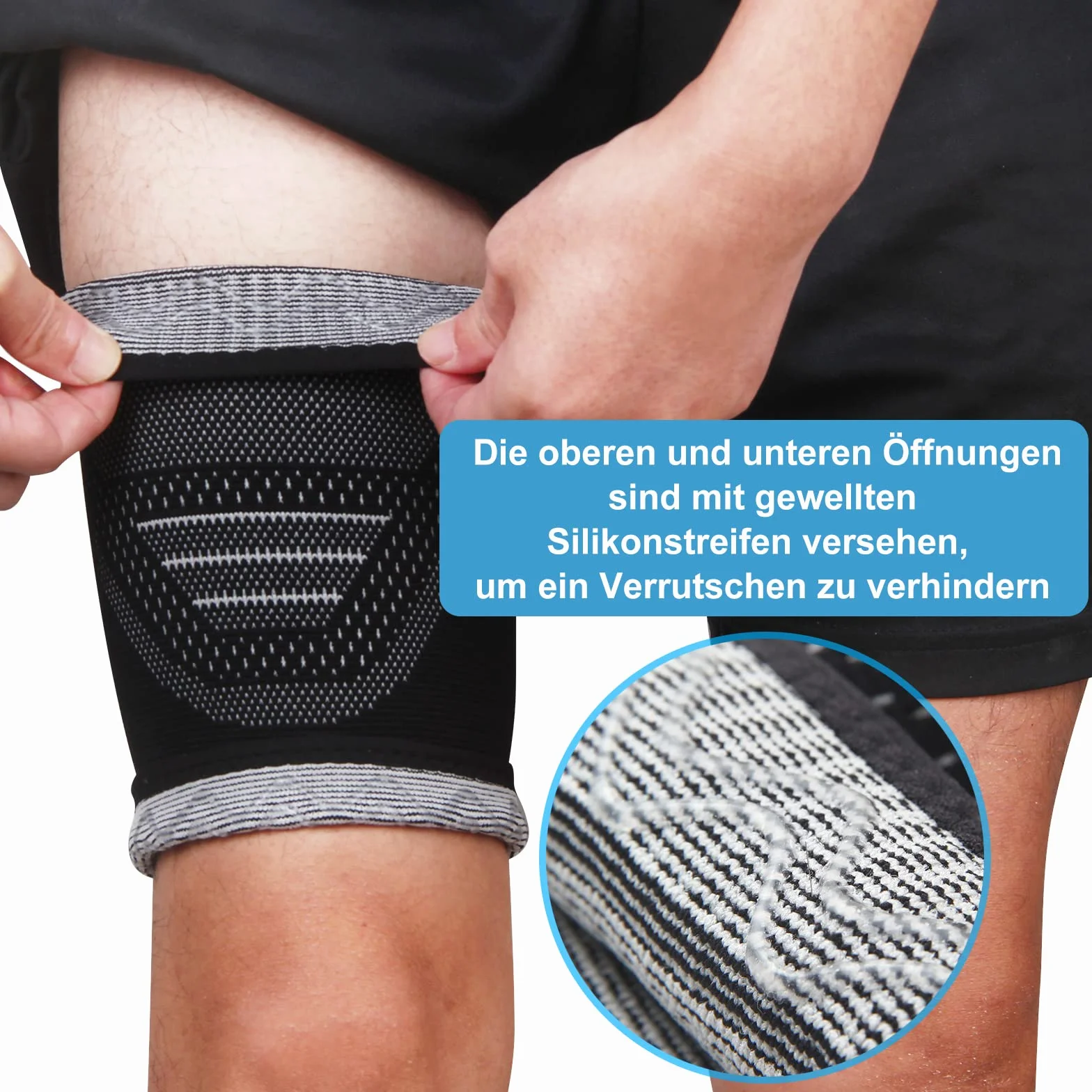 Fascia Elastica Compressione Coscia con Silicone Antiscivolo, Supporto per Strappo Muscolare, 2 Pezzi (nero, L)