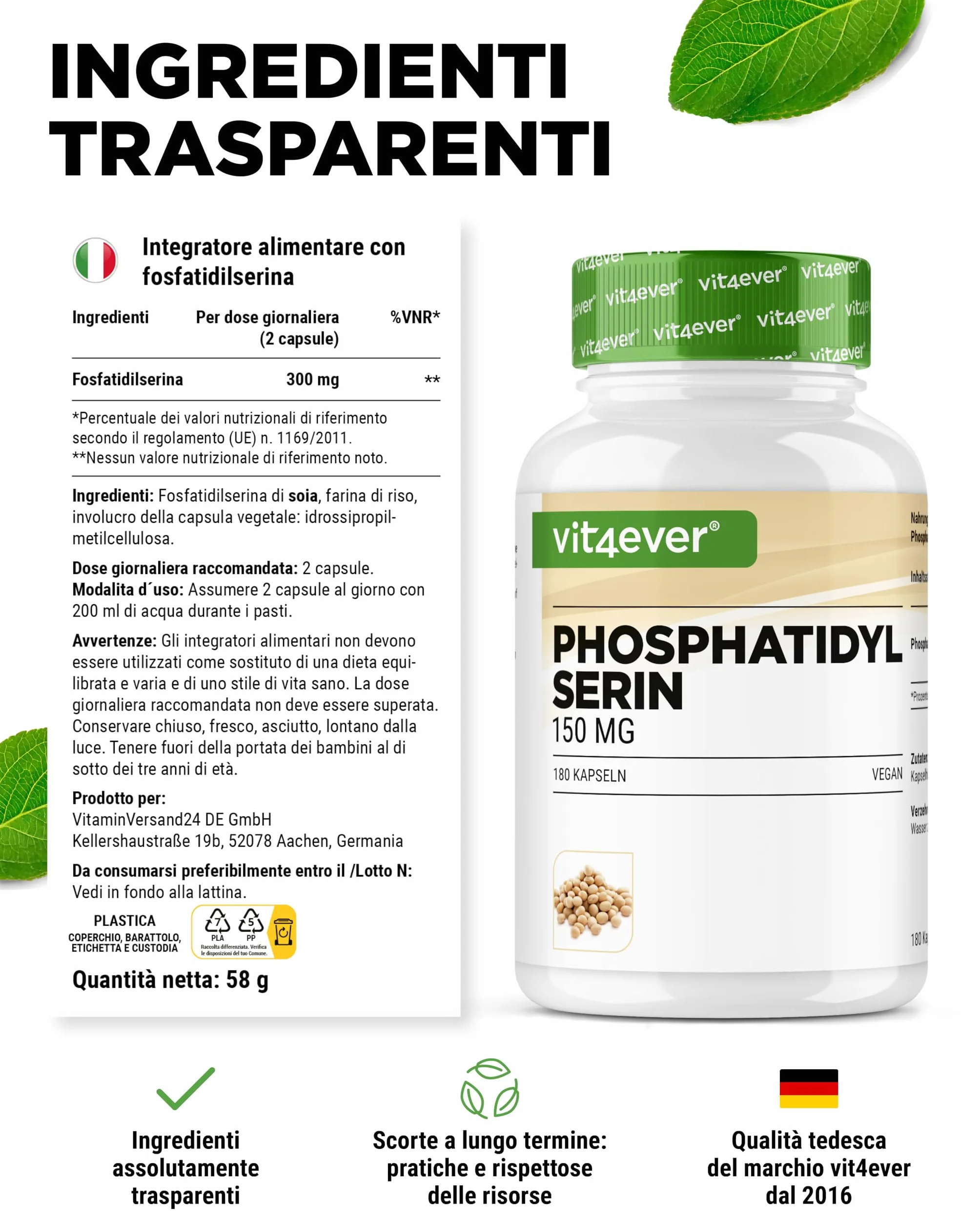 vit4ever Fosfatidilserina 300 mg 180 Capsule Alto Dosaggio Vegano