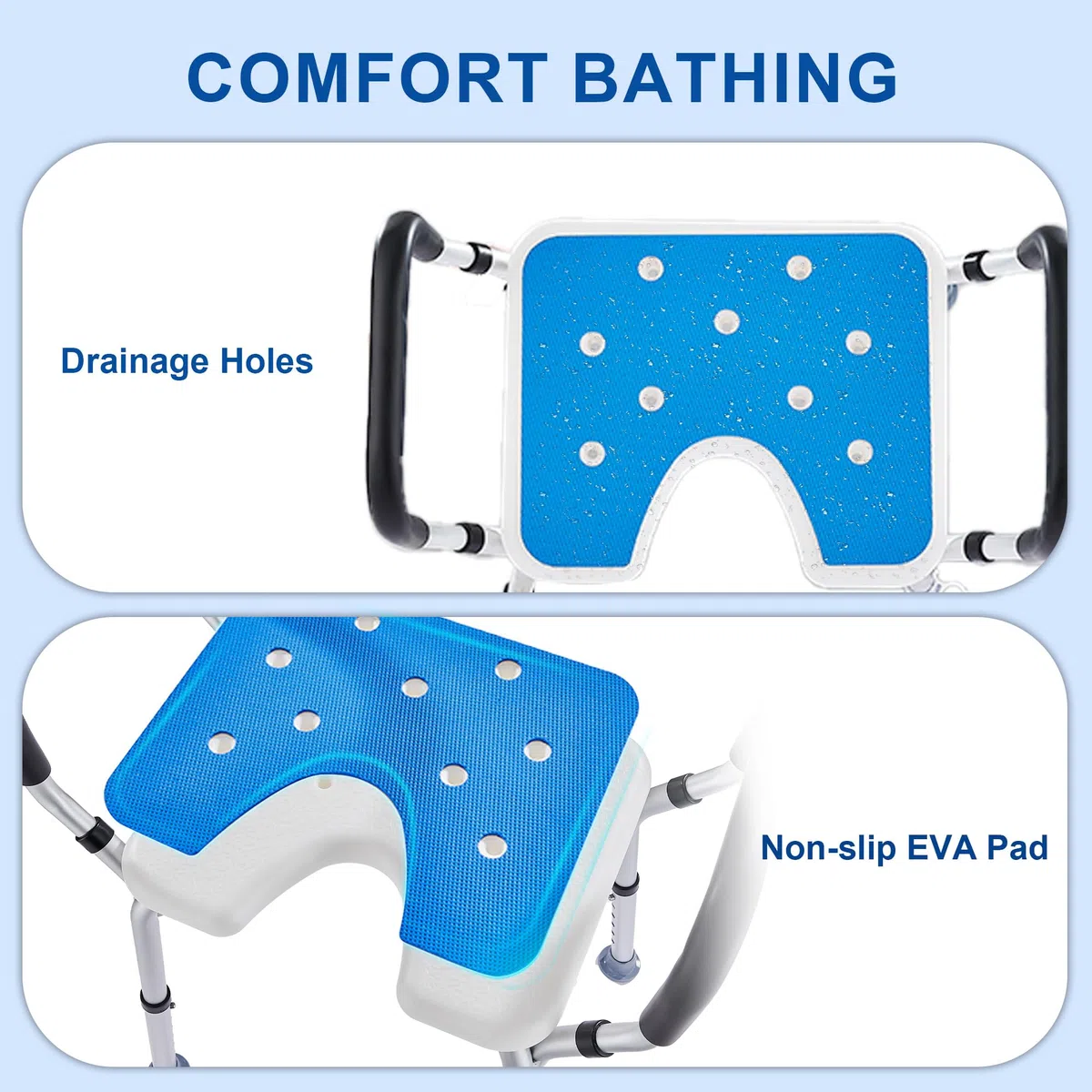 Sedia per Doccia con Braccioli Altezza Regolabile 39-52.5 cm, Sgabello Doccia Forma a U Antiscivolo per Anziani Disabili Sedile Sgabello da Bagno in Alluminio portata fino a 150 kg