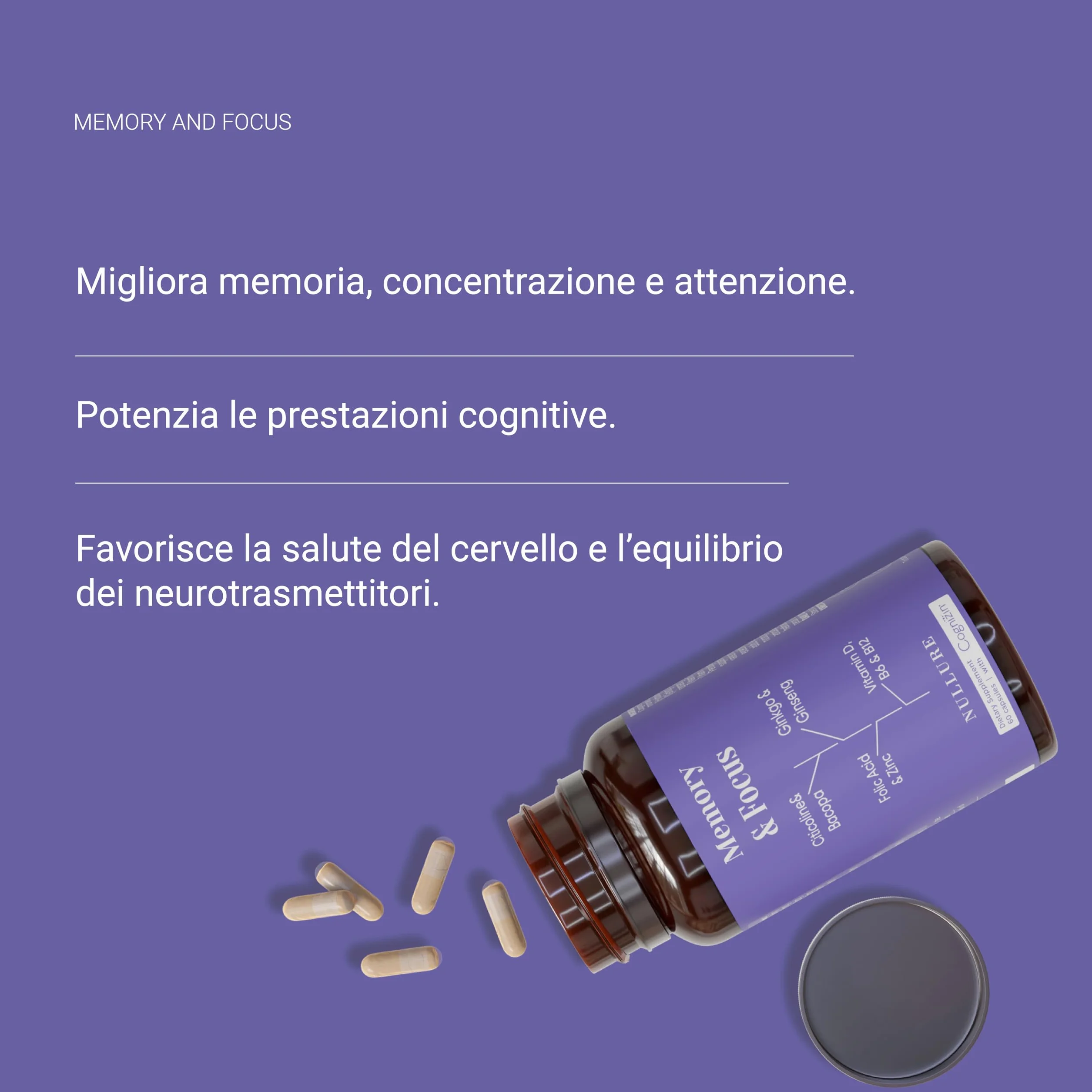 Nullure Nootropico con Citicolina 250 mg COGNIZIN® Integratore Memoria e Concentrazione 60 caps