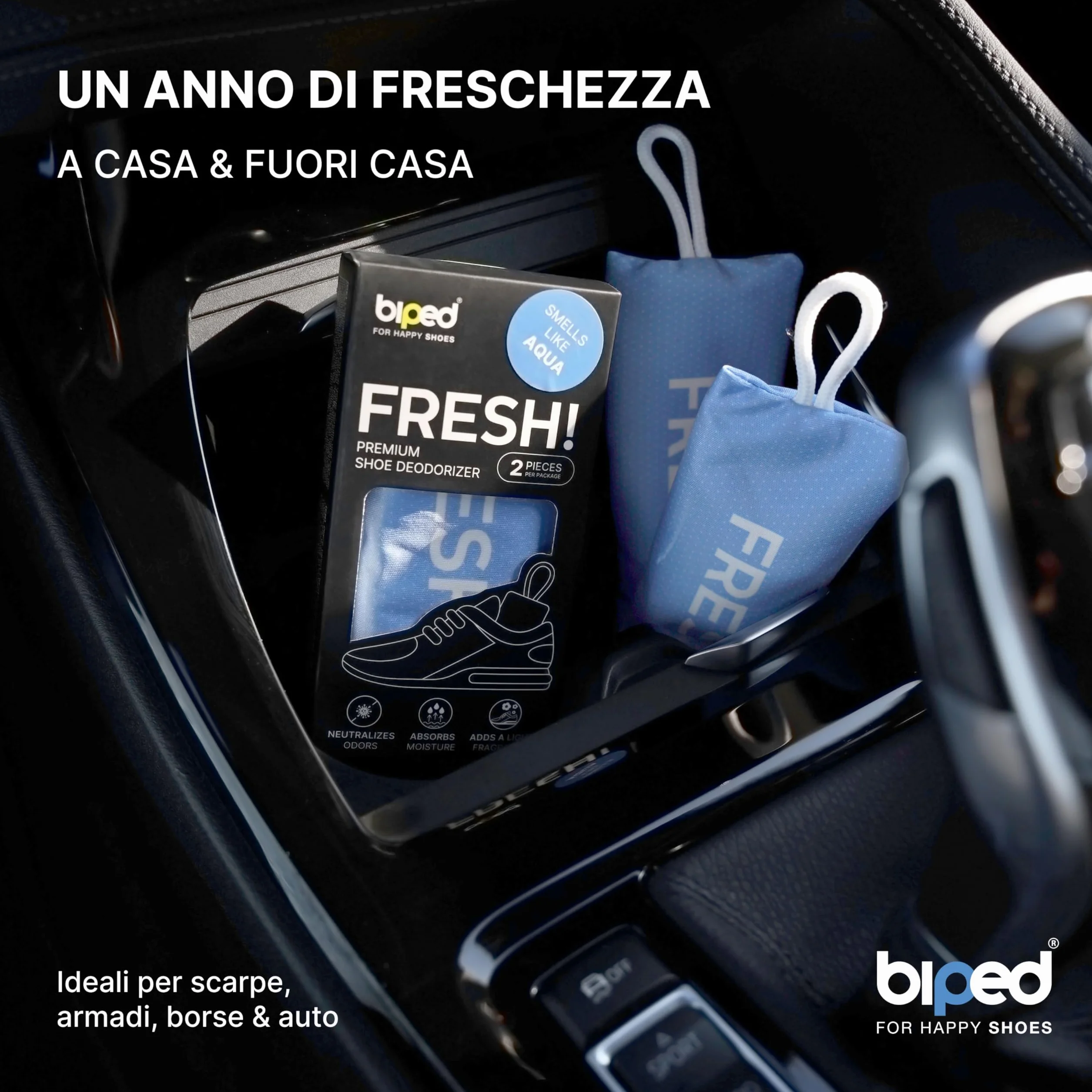 biped FRESH! deodorante premium per scarpe – cuscinetto profumato con carbone di bambù attivo – elimina odori e sudore da sneaker, calzature sportive e borse da palestra (4 pezzi)