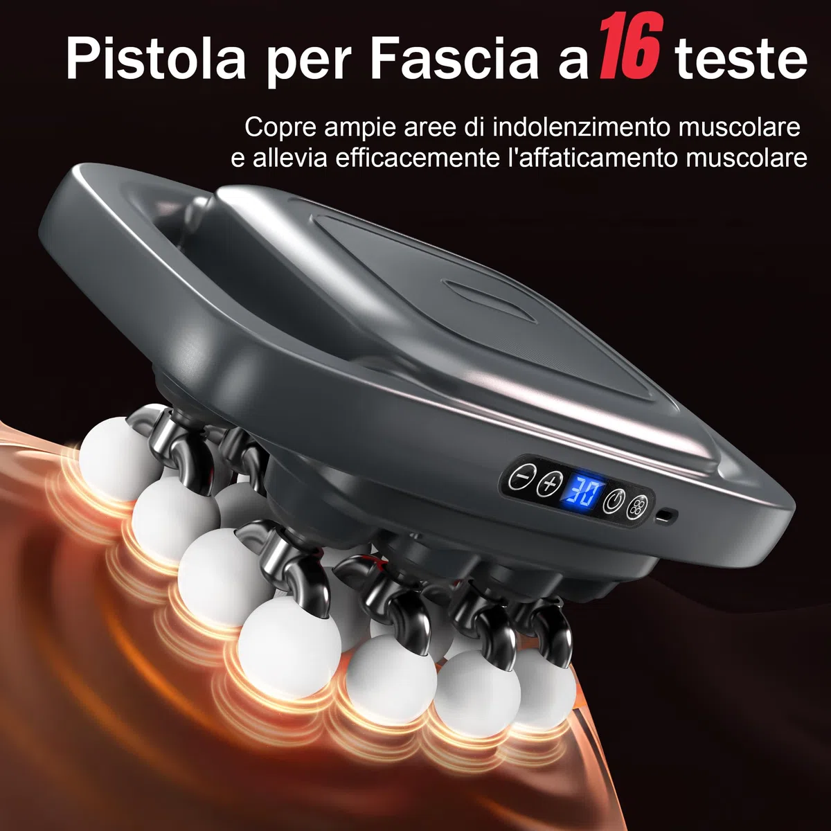 Pistola Massaggio Muscolare a 16 Testine, con 3 Modalità e 30 Velocità Regolabili, Massaggiatore con Luce Rossa per Alleviare la Tensione Muscolare e L'affaticamento per Schiena, Gambe