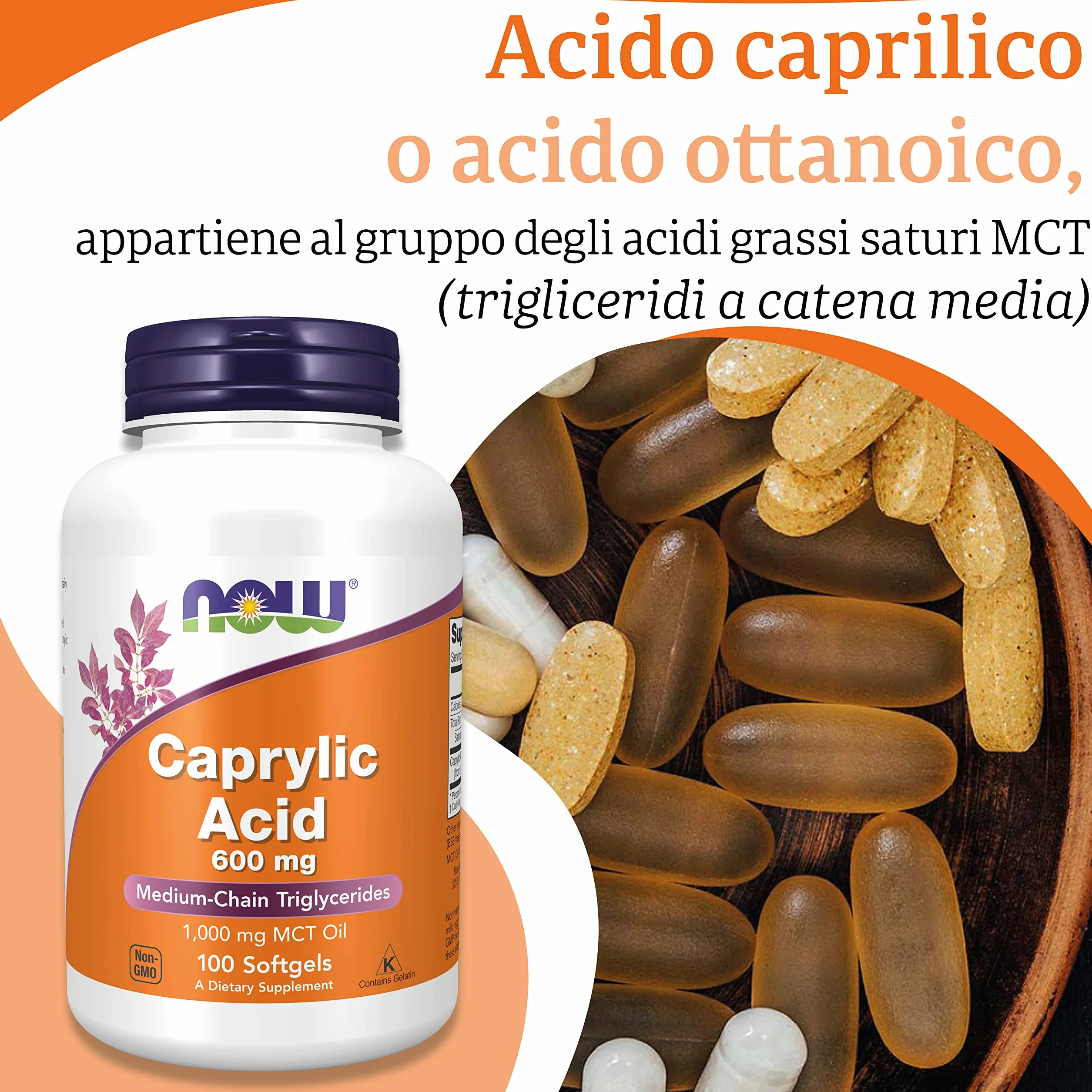 Now Foods Caprylic Acid 600mg 100 Softgels Bez Glutenu Bez Soi Non GMO