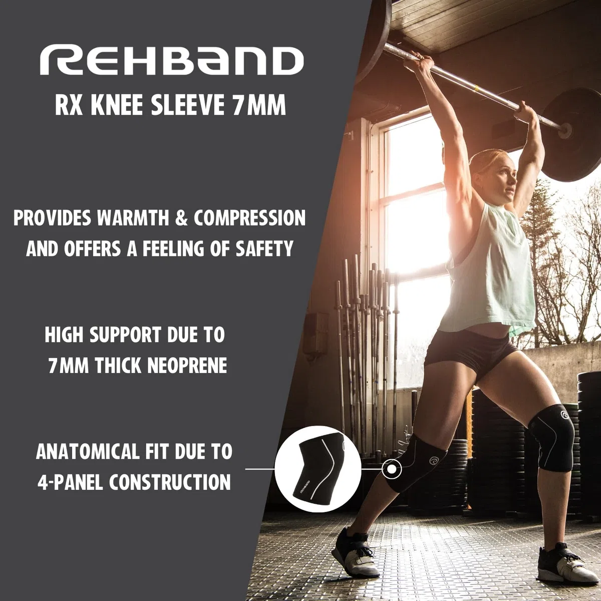 Rehband Ginocchiera per allenamento di forza & fitness - ginocchiera in neoprene da 7 mm, flessibile & antiscivolo, knee sleeve per uomini & donne