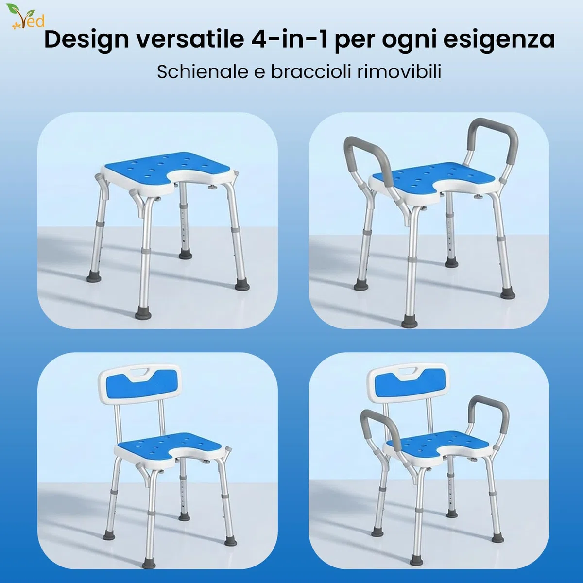 VED Sedia da Doccia a Forma di U con Braccioli e Schienale, Sgabello Regolabile in Altezza 6 Livelli, Antiscivolo per Anziani e Disabili, Capacità di Carico di 330 lb