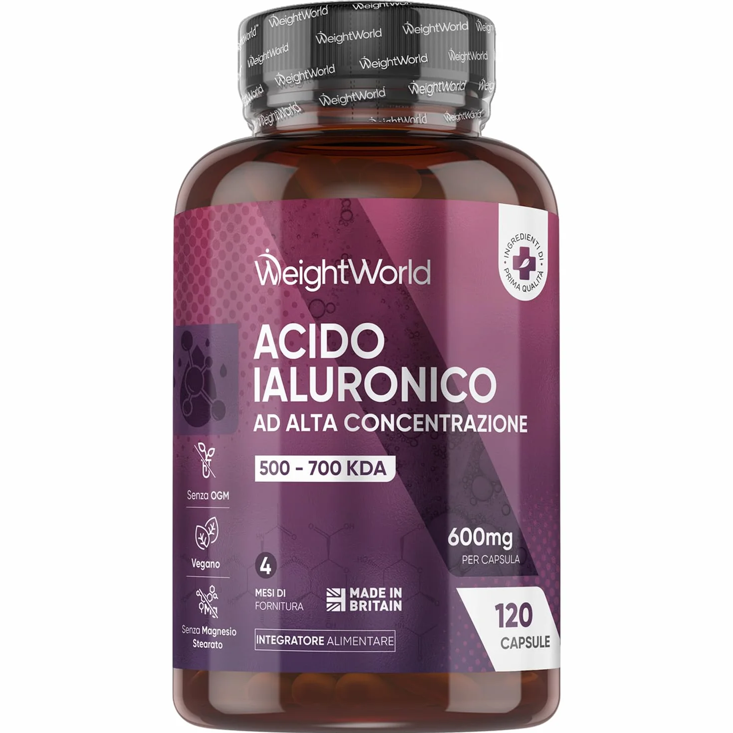 Acido Ialuronico Vegano 600mg 120 Capsule Integratore Sodio Ialuronato 500-700 kDa