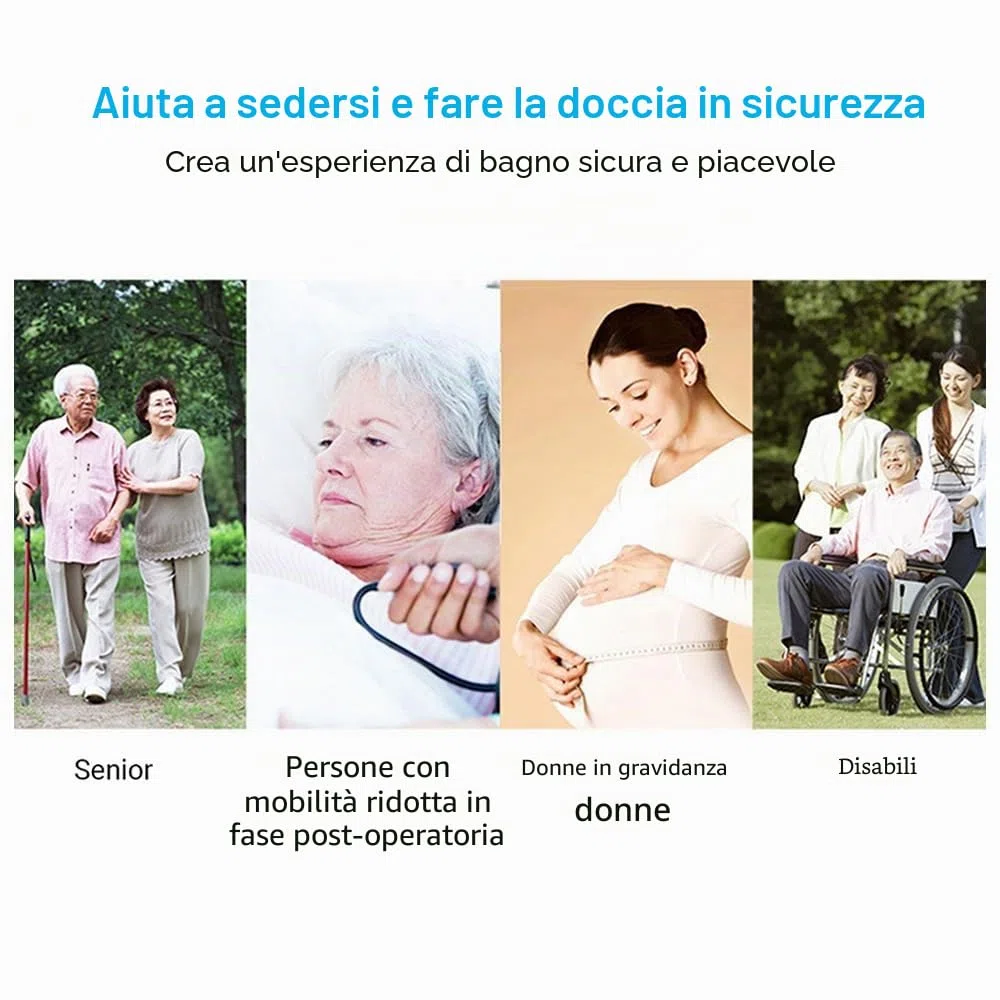 Sgabello da doccia pieghevole, montaggio a parete, sgabello da bagno avvitato con piedini antiscivolo, foro di scarico, fessura per soffione doccia per anziani con disabilità, 42-53 mm