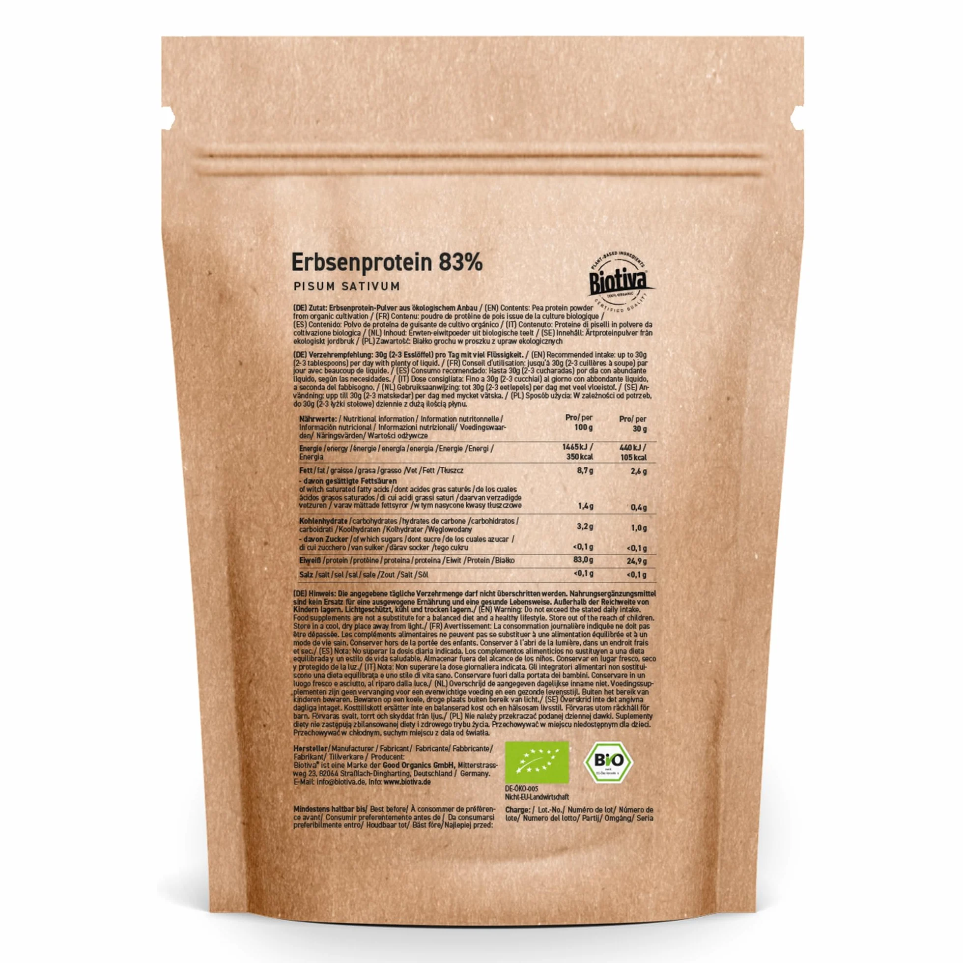 Proteine ??di piselli in polvere bio 3kg (3x1kg) - 83% di contenuto proteico - Massima qualità - Senza glutine, soia e lattosio - Imbottigliato e controllato in Germania - Biotiva