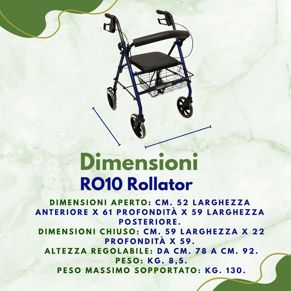 TERMIGEA RO10 - Deambulatore per Anziani con Seduta Pieghevole, Carrello per Anziani per Camminare in Acciaio (Portata 130KG) Sedile e Schienale Imbottito, Freni di Stazionamento, Altezza Regolabile