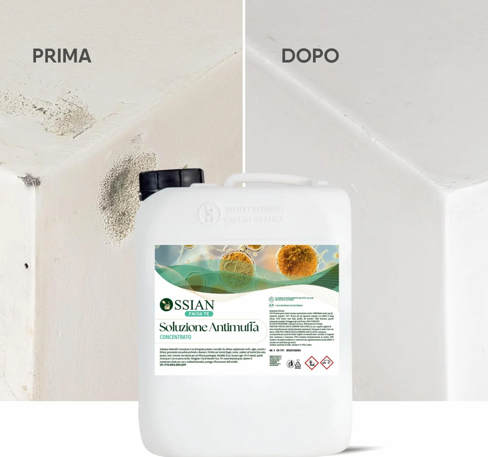 Ossian Soluzione Antimuffa 5 lt – Rimuovi Muffa, Alghe, Muschi, Licheni – Per Interni ed Esterni